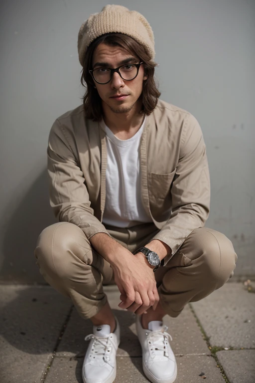 Homem de 1,80, wearing beige sleeved shirt with dark brown formal jacket and casual shoes, Wearing glasses on his head, cabelo liso corte social, cor do cabelo castanho escuro . Olhos castanhos claros. Wearing silver watch on left hand, and your right hands in your pocket. without hat 
