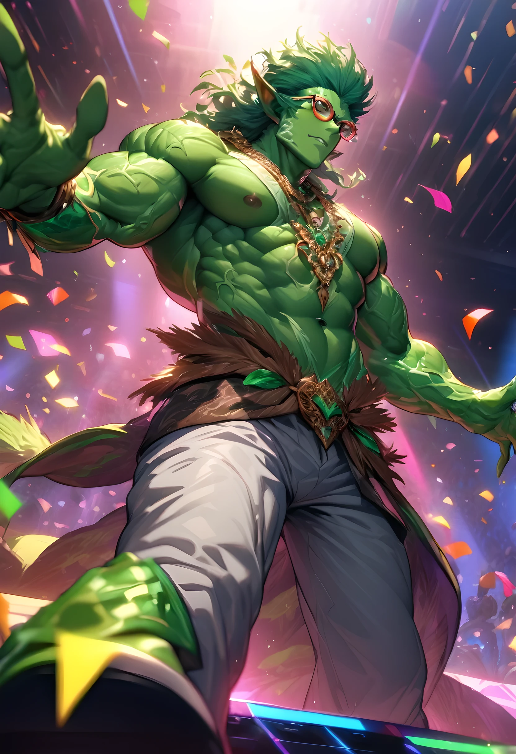 (((intricate design))) (((top quality))) (((16K))) (((High Definition))) 16K splash art (((photorealistic))) high-res, ultra sharp, ((masterpiece)), the best quality, expressive eyes, perfect face, (((druid outfit))) Super eyes, perfectly detailed anatomy (((Volumetric lighting))) (((fluorescent lighting))) (((1Male))) (((Bodybuilder))), (((muscular))), there is a y matn with green paint on his body, slick shaved sides hairstyle, ((thighs)) bodily fluids, round butt, greoloured skin, green skin! (((green coloured skin!!))), (((green skin))). (((green-skinned))), (((elegant robes))) ((grkin with scales)), ((green skin)), windy, (((greenish skin))) plantation on the male body, windy, leaves falling (((a powerful nature deity))), elf ears, druid magic, cell-shaded adult animation, green gem necklace, hot reptile muscular humanoid man, muscular green body. Hazel eyes, glowing veins, nature spirit, long sash, (((partially unbuttoned silk shirt))) (((at a disco))) glitter, glimmer, confetti, ((large glasses)) ((platform shoes)) (((80s disco theme))) wearing puffy athletic pandisco ball, (((dancing))) ((dynamic crowd)) ((dance floor)) (((from below)))