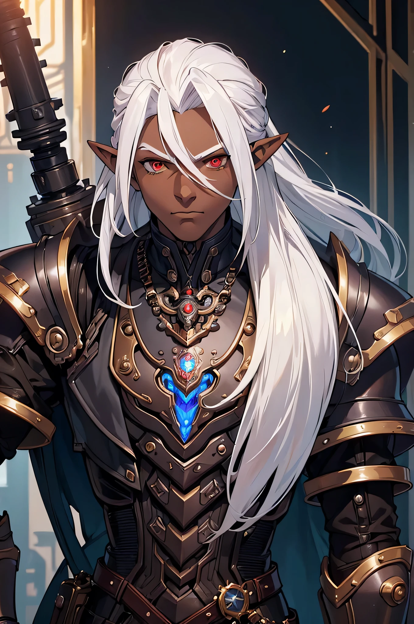 ((best quality)), ((masterpiece)), (detailed), ((boy)), ((mechanical armor)), (steampunk), (serious), dark skinned, human, upper body, portrait, red eyes, long white hair, Xemnas from Kingdom Hearts, half-drow, pointy ears
