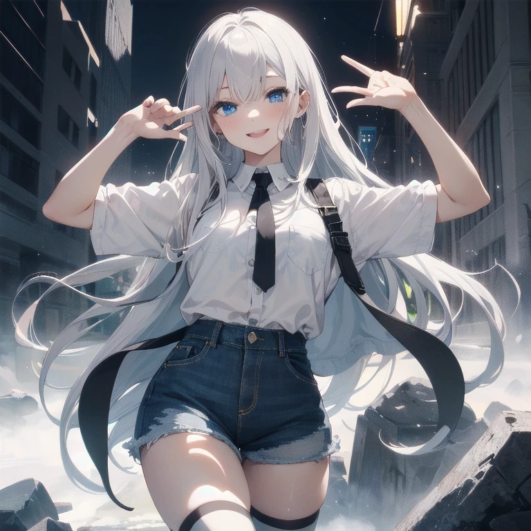 (Masterpiece, Best quality, ultra high resolution), 1 girl, Silver hair, Pale skin, Beautiful detailed face, Detailed eyes, posing on a, On a white background, Dynamic lighting, dynamic shadowing, looking at viewer, White stone punk fashion,(Posing for a photo),((White clothes)), (((black thigh highs))), ((jean shorts, skirt)), white sweater, ((Blue eyes)), happy, smiling, black straps, black strap design, ((Long white hair)), energetic, cheerful, cityscape background