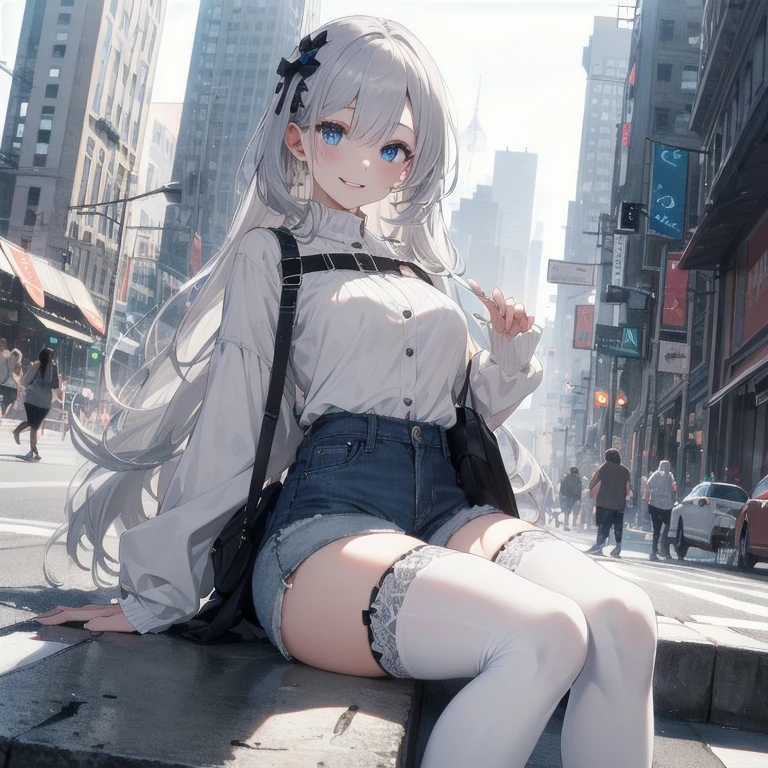 (Masterpiece, Best quality, ultra high resolution), 1 girl, Silver hair, Pale skin, Beautiful detailed face, Detailed eyes, posing on a, On a white background, Dynamic lighting, dynamic shadowing, looking at viewer, White stone punk fashion,(Posing for a photo),((White clothes)), (((black thigh highs))), ((jean shorts, skirt)), white sweater, ((Blue eyes)), happy, smiling, black straps, black strap design, ((Long white hair)), energetic, cheerful, cityscape background