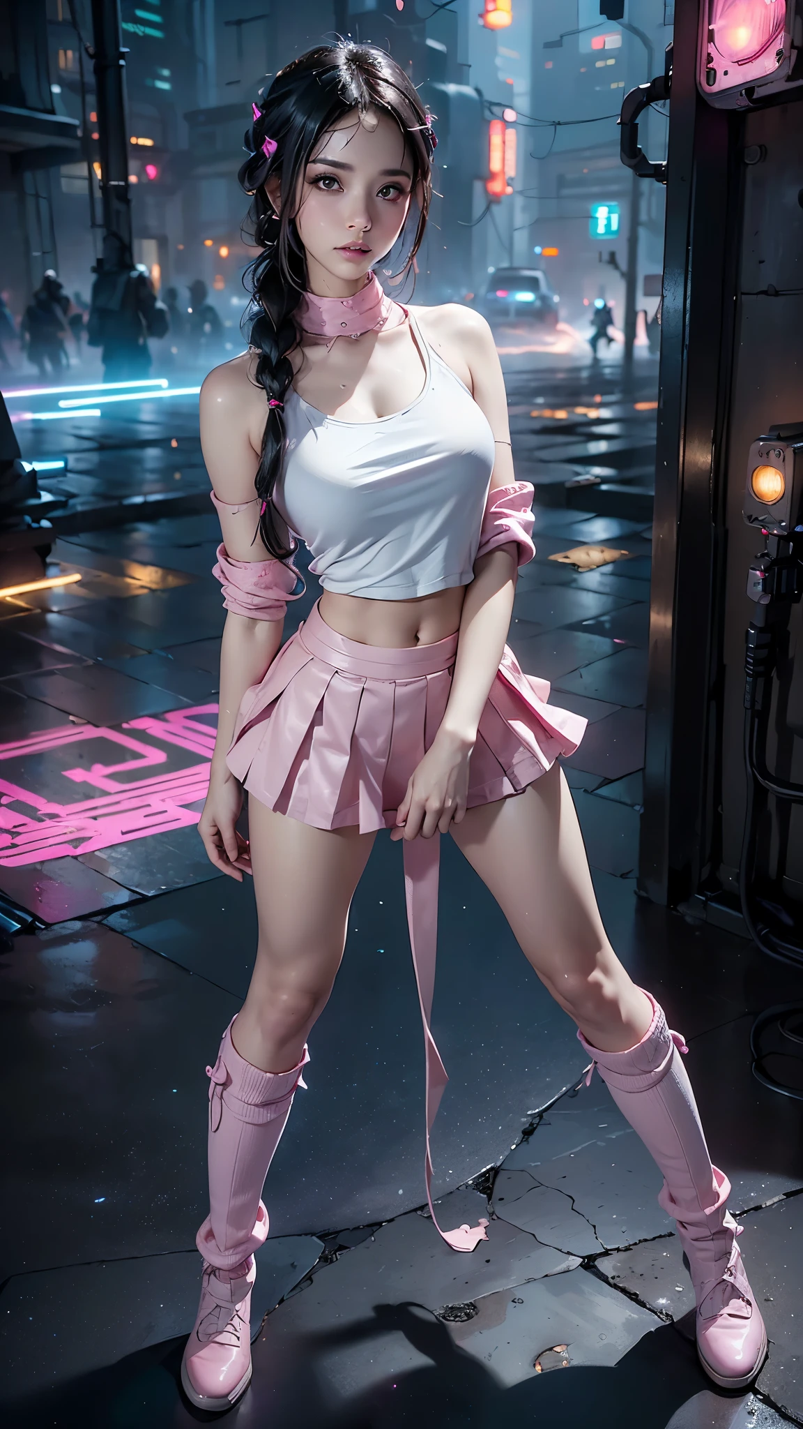 (La mejor calidad,A high resolution,Ultra - detallado,actual),Ariana Grande, (Fantasy, Hard Rock Girl:1.4) , So beautiful and cute,( Pink wavy hair:1.2) , Side braid, (mini skirt pink :1.4) , (Knee-high socks:1.4) , (Engineer boot:1.4) , (background cyberpunk city galaxy:1.4) ,( dynamic cowboy pose), (perfect anatomy :1.4), (face detailed :1.4), ,(Fondo de ruinas de mazmorra en ruinas cyberpunk :1.4 ), 8K UHD, (cinematic lighting), (Cinematic V2.1),( Hard Rock Girl V2.1), (dedos hermosos detailed :1.4),( dynamic cowboy pose), More detailed 8K.motor irreal:1.4,UHD,La mejor calidad:1.4, fotorrealista:1.4, textura de la piel:1.4, obra maestra:1.8,obra-prima, mejor calidad,objeto Objeto], (detailed face features:1.3),(Las proporciones correctas),(Ojos hermosos azules),  (pose vaquero), (no mutaciones) 