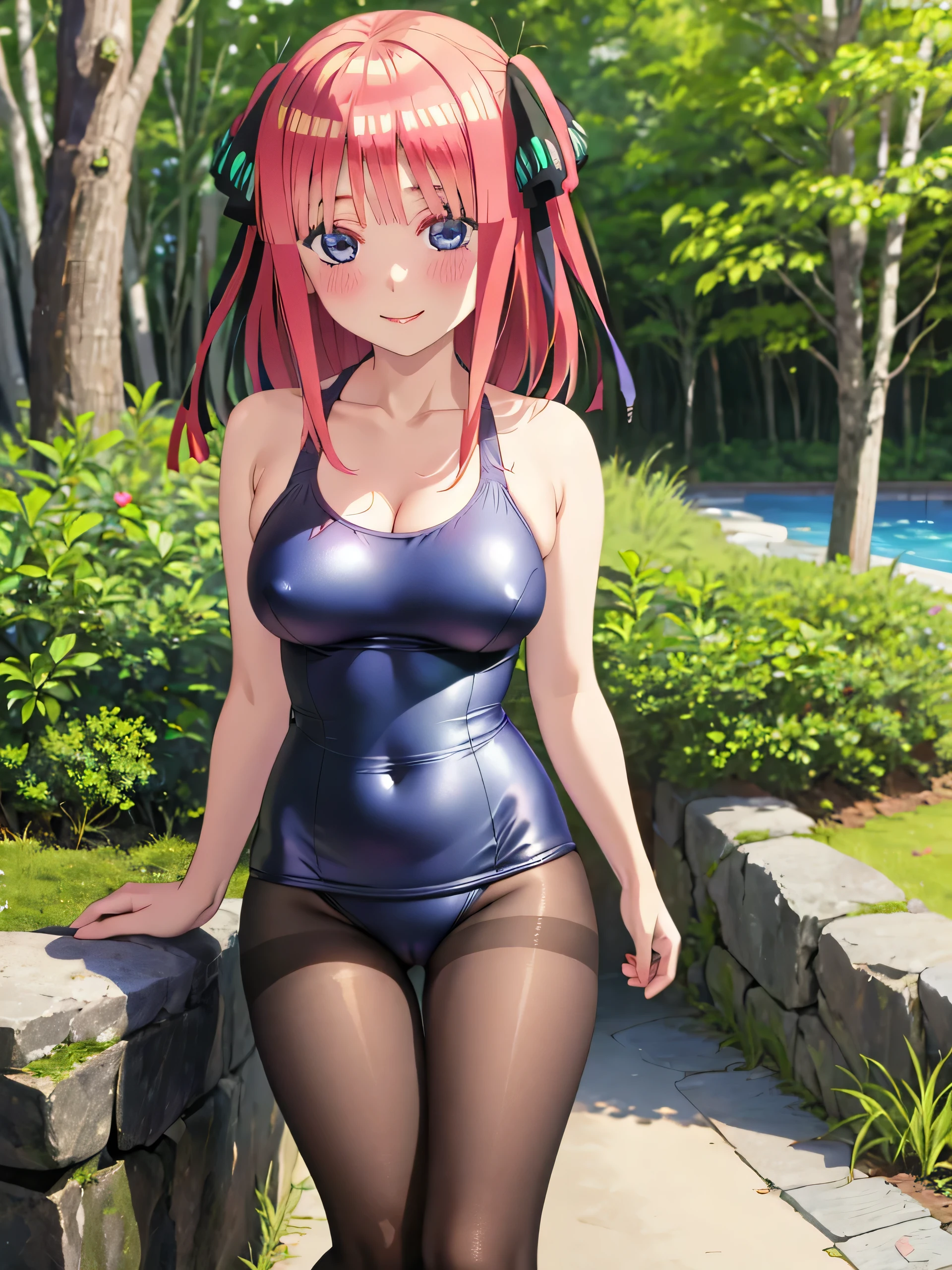 best quality, ultra-detailed masterpiece, nsfw, nino nakano, one-piece swimsuit, breasts, pantyhose, blush, smile, terrace, forest