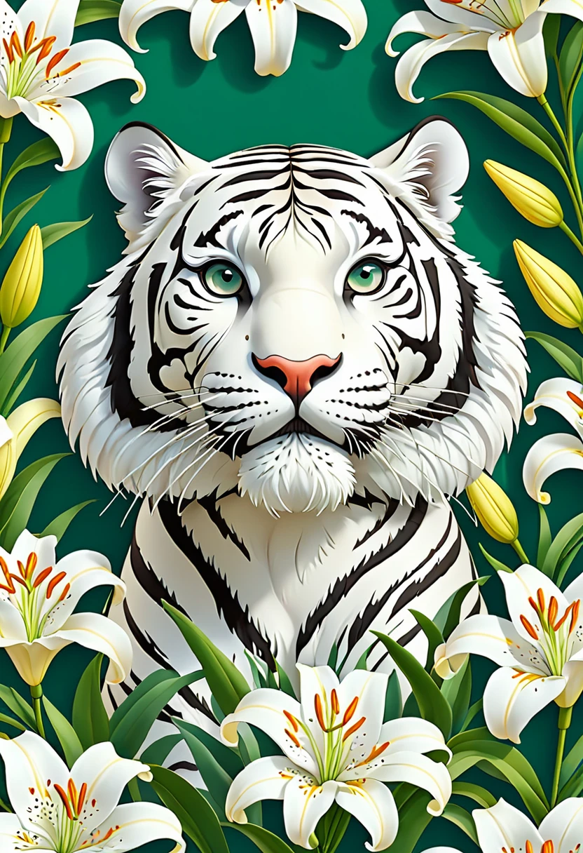 repeating pattern, flat, 2d
illustration,digital print, flat background, empty space, vector, art station, digital print, highly
detailed clean, white tiger,lilies、hand drwanseamless pattern--tile