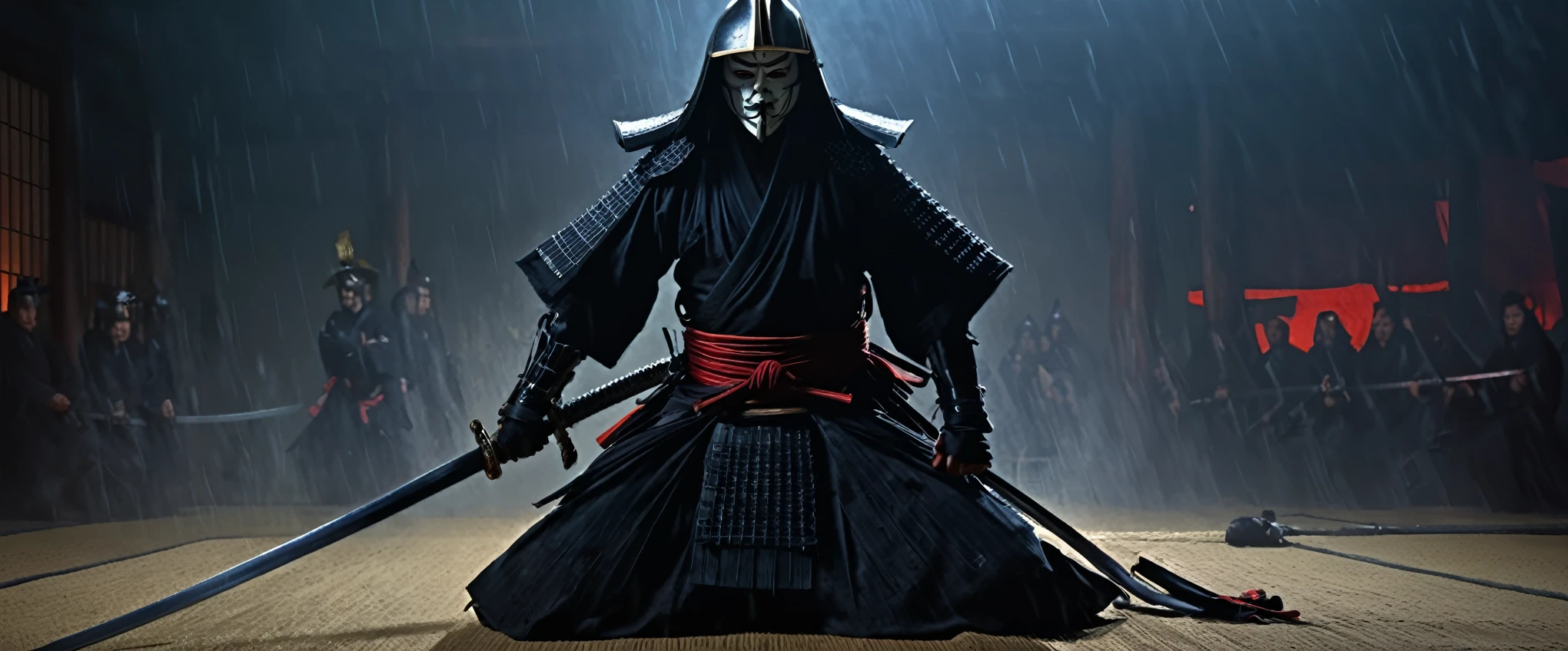A battered dangerous Samurai, a black grim reaper approaching, a woman at the Samurai's feet, detailed eyes and face for the Samurai, detailed eyes and lips for the woman, sword raised in defiance, dark and menacing atmosphere, intense lighting, oil painting style, high-quality 4k resolution, intense emotions, dynamic pose, haunting background, realistic and photorealistic depiction, vivid colors, dramatic shadows, sharp focus, powerful composition, textured brushstrokes, atmospheric perspective, epic battle scene, mystical aura, Japanese aesthetics, traditional armor, distressed and worn-out appearance, intricate details on the Samurai's armor and weapon, ethereal presence, suspenseful ambiance, selective lighting highlighting key elements, compelling storytelling, cinematic style, contrasting light and dark tones, tension and danger in the air, visual storytelling, sinister and ominous presence, cinematic framing, emotional intensity. (best quality, 4k, highres, masterpiece:1.2), ultra-detailed, realistic (photo-realistic:1.37) samurai, grim reaper, woman, eyes, face, lips, sword, dangerous, defiance, grim, intense, oil painting, atmosphere, lighting, powerful, composition, brushstrokes, dramatic, shadows, epic battle,
