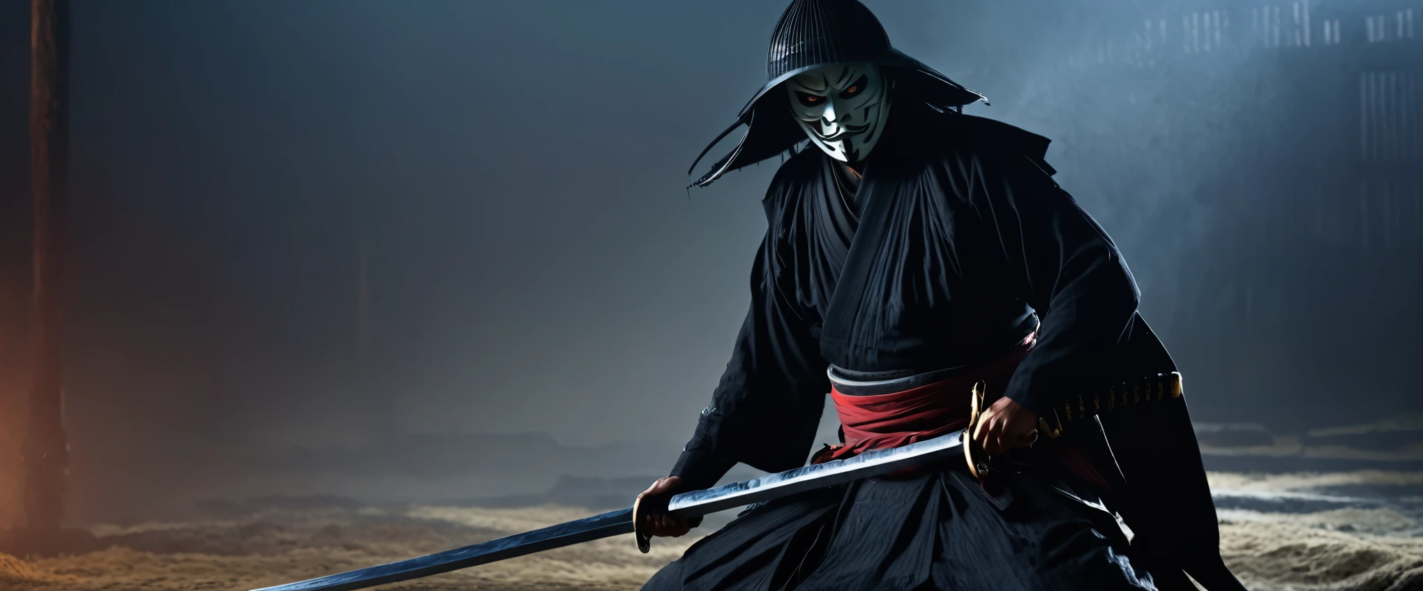 A battered dangerous Samurai, a black grim reaper approaching, a woman at the Samurai's feet, detailed eyes and face for the Samurai, detailed eyes and lips for the woman, sword raised in defiance, dark and menacing atmosphere, intense lighting, oil painting style, high-quality 4k resolution, intense emotions, dynamic pose, haunting background, realistic and photorealistic depiction, vivid colors, dramatic shadows, sharp focus, powerful composition, textured brushstrokes, atmospheric perspective, epic battle scene, mystical aura, Japanese aesthetics, traditional armor, distressed and worn-out appearance, intricate details on the Samurai's armor and weapon, ethereal presence, suspenseful ambiance, selective lighting highlighting key elements, compelling storytelling, cinematic style, contrasting light and dark tones, tension and danger in the air, visual storytelling, sinister and ominous presence, cinematic framing, emotional intensity. (best quality, 4k, highres, masterpiece:1.2), ultra-detailed, realistic (photo-realistic:1.37) samurai, grim reaper, woman, eyes, face, lips, sword, dangerous, defiance, grim, intense, oil painting, atmosphere, lighting, powerful, composition, brushstrokes, dramatic, shadows, epic battle,