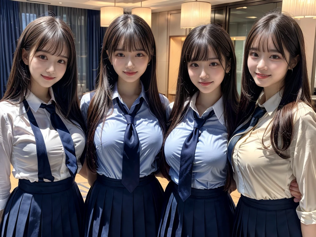 (8K, Raw photography, top-quality, ​masterpiece:1.2),  ((3 beatiful girls))、.（Realistic Skins 1.4）、（（（female high-school student、School Uniforms、）））、{{‎(The background is a luxury hotel room}}（（School Uniforms、white Cutter shirt、darkblue pleatedskirt))、（(long hair)）、（A dark-haired、The forehead is hidden by bangs、）、Black eyes、shinny skin.Beautiful delicate face、Beautiful delicate eyes、｛Voluptuous body shape、Thicker thighs｝、One piercing in each ear、((smile:1.3)),((large breasts)), ((navy blue tie)) ,looking at camera, ((close up))