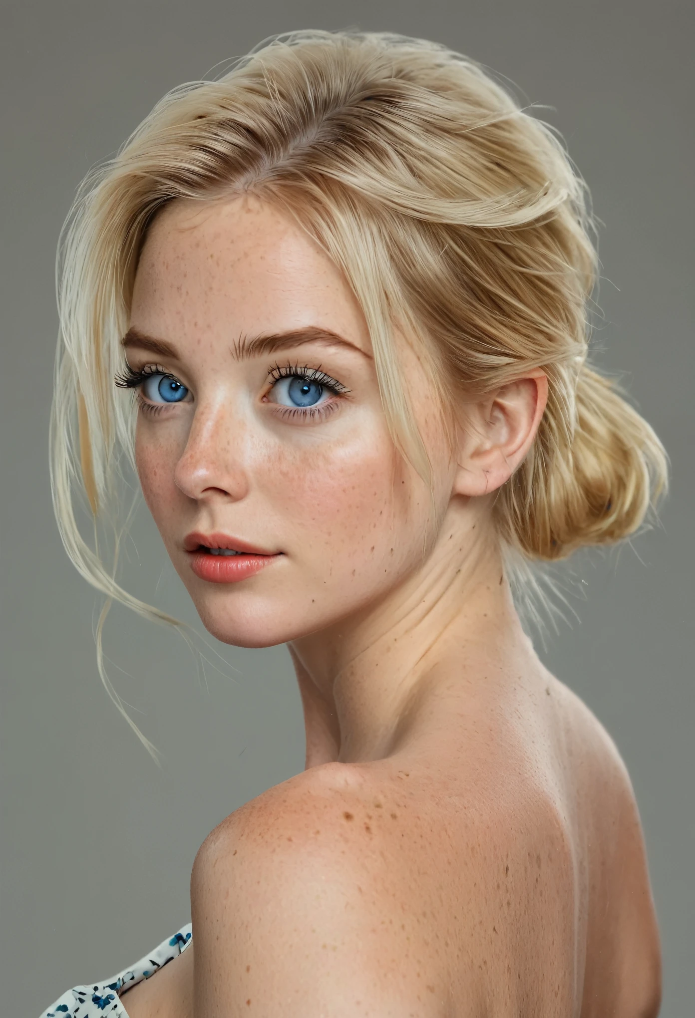 1girl, solo, looking at viewer, blue eyes, blonde hair, simple background, dress, bare shoulders, upper body, looking back, grey background, lips, eyelashes, portrait, freckles, realistic