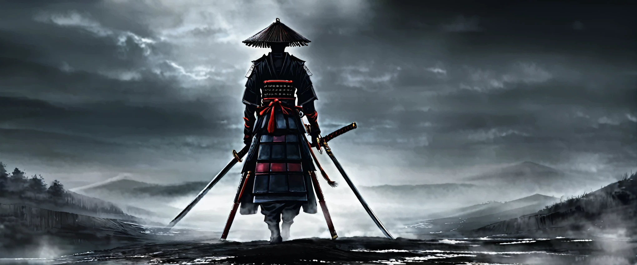 A battered dangerous Samurai, a black grim reaper approaching, a woman at the Samurai's feet, detailed eyes and face for the Samurai, detailed eyes and lips for the woman, sword raised in defiance, dark and menacing atmosphere, intense lighting, oil painting style, high-quality 4k resolution, intense emotions, dynamic pose, haunting background, realistic and photorealistic depiction, vivid colors, dramatic shadows, sharp focus, powerful composition, textured brushstrokes, atmospheric perspective, epic battle scene, mystical aura, Japanese aesthetics, traditional armor, distressed and worn-out appearance, intricate details on the Samurai's armor and weapon, ethereal presence, suspenseful ambiance, selective lighting highlighting key elements, compelling storytelling, cinematic style, contrasting light and dark tones, tension and danger in the air, visual storytelling, sinister and ominous presence, cinematic framing, emotional intensity. (best quality, 4k, highres, masterpiece:1.2), ultra-detailed, realistic (photo-realistic:1.37) samurai, grim reaper, woman, eyes, face, lips, sword, dangerous, defiance, grim, intense, oil painting, atmosphere, lighting, powerful, composition, brushstrokes, dramatic, shadows, epic battle,