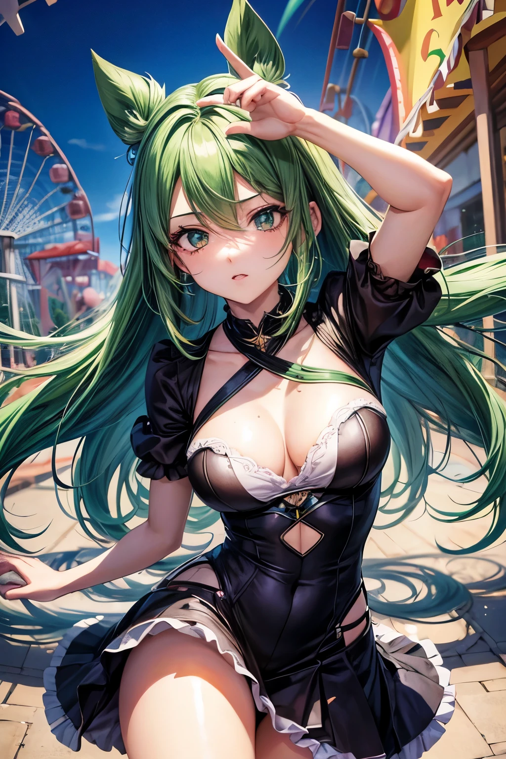 Personagem femenina, estilo anime 2D, cabelo rosa, olhos azuis (super detalhados, qualidade HD), casaco preto e verde, sensual position, Background of an amusement park