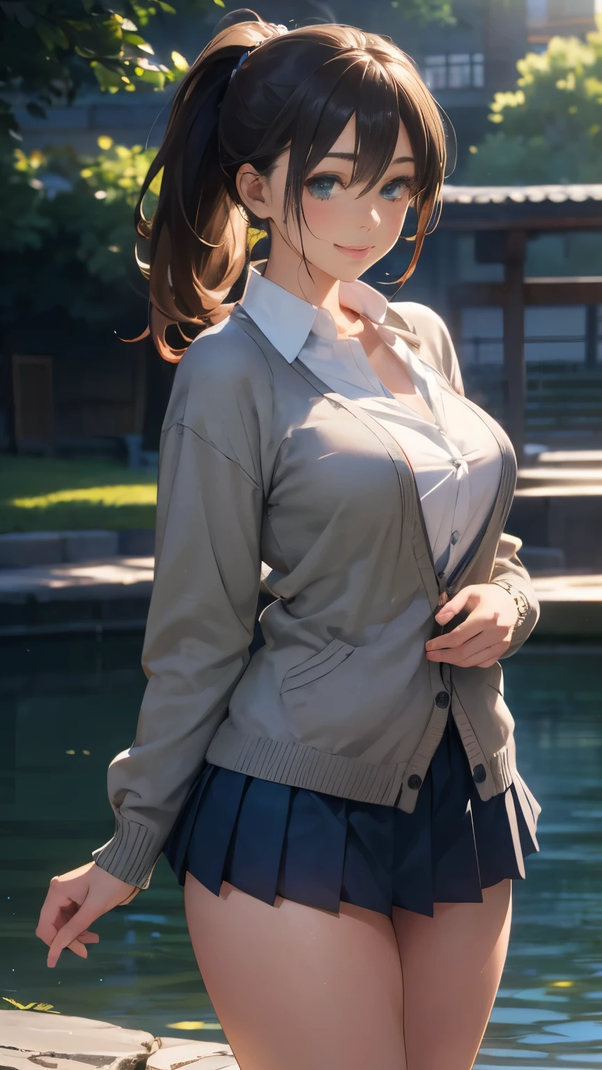 nsfw,(masterpiece:1.2, highest quality), (Realistic, photoRealistic:1.4), Beautiful illustrations, (Natural Side Lighting, Cinema Lighting), 
View Viewer, Cowboy Shot, Front view:0.6, 1 girl, Japanese, high school girl, Perfect Face, Cute and symmetrical face, Shiny skin, 
(Long Hair:1.4, High Ponytail:1.7, Light brown hair), Hair between the eyes, Emerald green eyes, Long Eyelashes, (Big Breasts:0.9, Thick thighs), 
Beautiful Hair, Beautiful Face, Beautiful fine details, Beautiful clavicle, Beautiful body, Beautiful breasts, Beautiful thighs, Beautiful feet, Beautiful fingers, 
((White collared shirt with long sleeves, Navy pleated mini skirt, Navy them, Light Gray Cardigan)), Showing off her pink panties、
(Beautiful views), evening, River side, (Cute smile, Upward glance), She&#39;s lifting up her skirt:1.5、Don&#39;t show your teeth