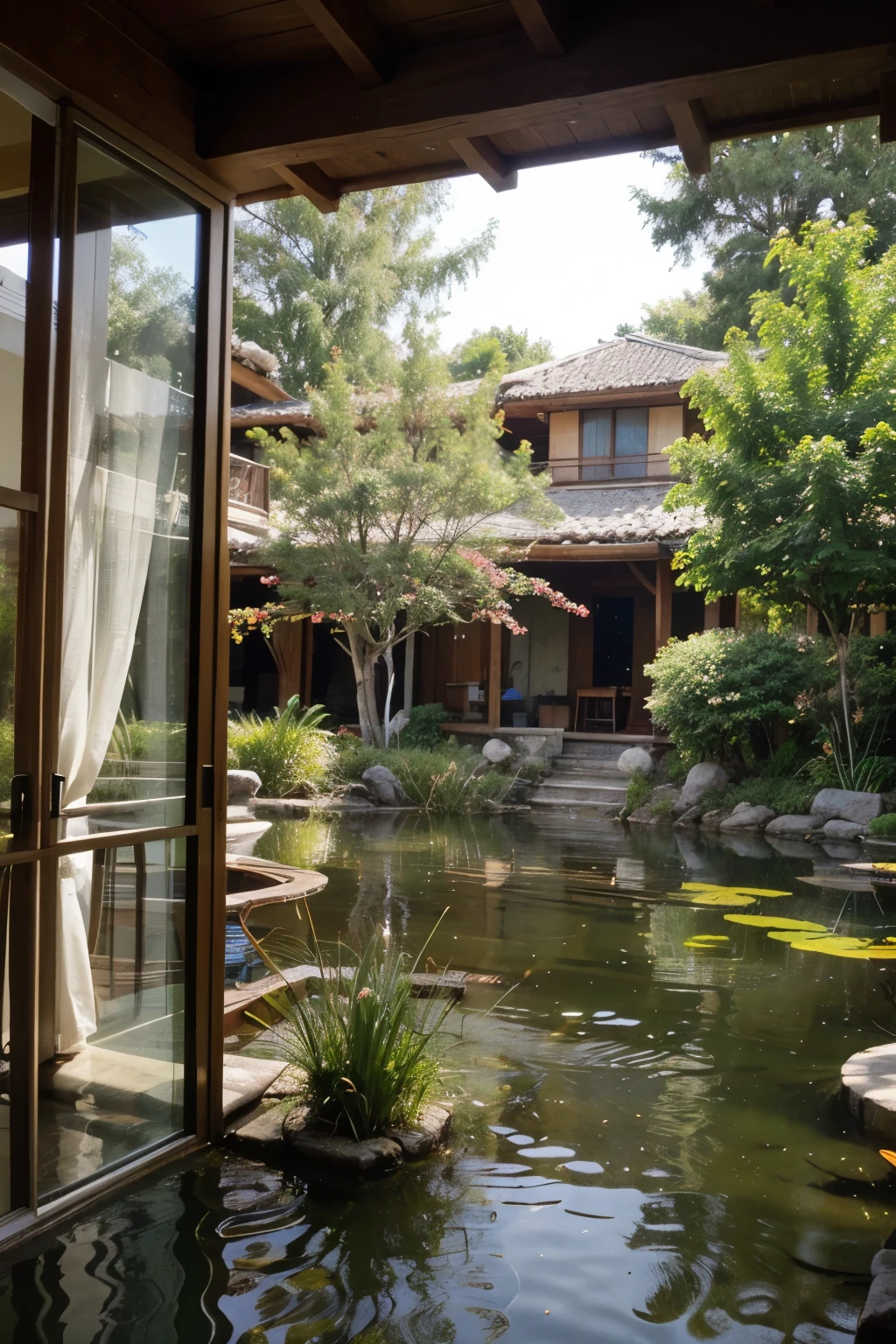 background scenery,like from window view but not insert window,only background, include pond, tree, flower, like resort house view