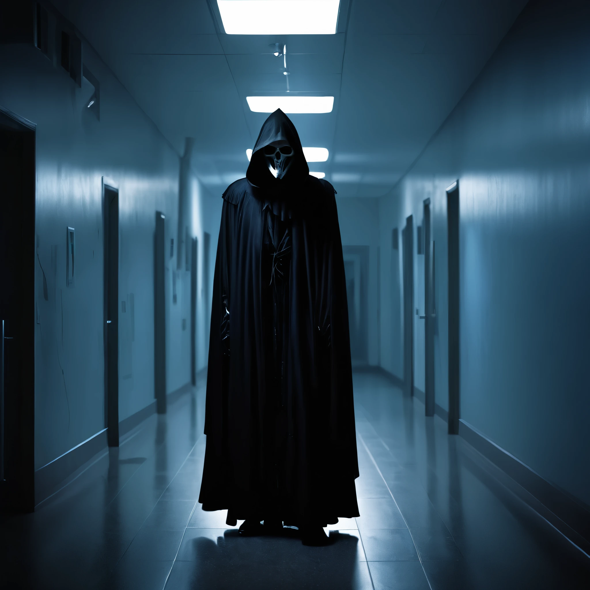 (best quality,4k,8k,highres,masterpiece:1.2),ultra-detailed,(realistic,photorealistic,photo-realistic:1.37),a black grim reaper,with detailed and flowing black robes,cloaked in shadows,walks unnoticed through a busy hospital. The grim reaper is extremely tall with a skeletal frame, holding a long and sleek scythe. The reaper's face is hidden beneath a black hood, but there is a sense of darkness and mystery emanating from its presence. The hospital is bustling with activity, nurses and doctors hurrying around attending to patients. The setting is dimly lit with flickering fluorescent lights, casting eerie shadows on the walls. The air feels heavy with a sense of anticipation and fear. The grim reaper moves silently through the hallways, invisible to the living, but there is an unspoken understanding that its purpose is to guide souls to the afterlife. The scene is tinged with blue hues, giving it a somber and chilling atmosphere. The only sound that can be heard is the faint whisper of the reaper's robes, and the occasional beep from medical devices. This artwork is a fusion of horror and realism, capturing the essence of life and death in a hauntingly beautiful way.