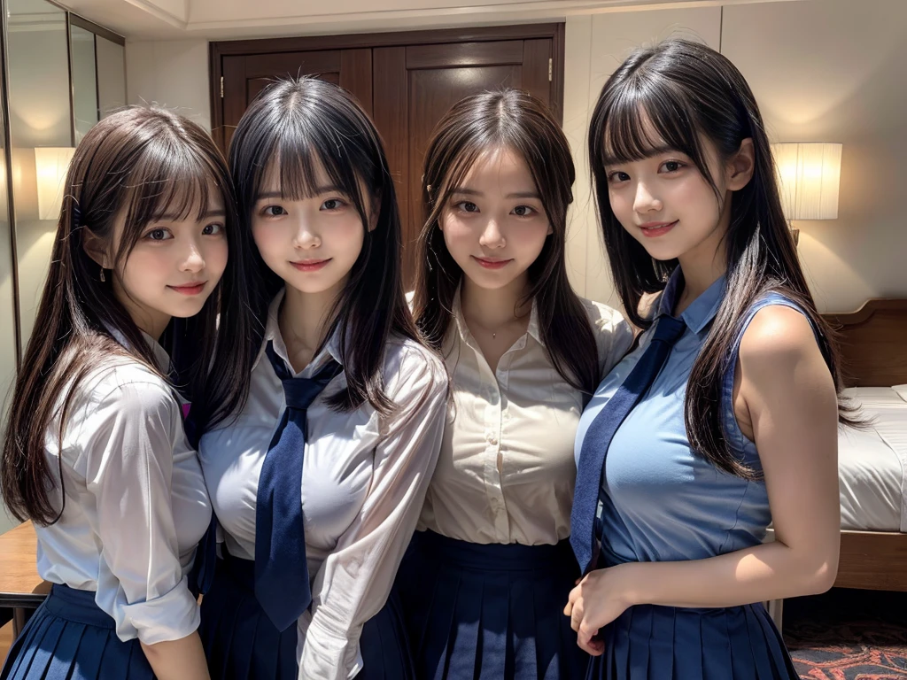 (8K, Raw photography, top-quality, masterpiece:1.2), ((3 beatiful girls))、.(Realistic Skins 1.4)、(((female high-school student、School Uniforms、)))、{{(The background is a luxury hotel room}}((School Uniforms、white Cutter shirt、darkblue pleatedskirt))、((long hair))、(A dark-haired、The forehead is hidden by bangs、)、Black eyes、shinny skin.Beautiful delicate face、Beautiful delicate eyes、{Voluptuous body shape、Thicker thighs}、One piercing in each ear、((smile:1.3)),((large breasts)), ((navy blue tie)) ,looking at camera, ((close up))