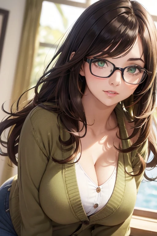 ((masterpiece)), (best quality:1.7), (detailed:1.4), (high res:1.4), 8k, (colorful:1.5), high resolution, sharped image, 4k, hd, (beautiful detailed background:1.2), (beautiful lighting:1.2), (highly detailed:1.2), perfect lighting, (8k wallpaper:1.2), (highly detailed:1.2), (extremely detailed CG:1.2), ((dark brown medium long straight hair with bangs covering an eye)), (hair bangs covering one eye), ((only dark brown hair)), ((busty)), curvy figure, (((hazel-green eyes))), (((geek-chic summer outfit))), cardigan button sweater and white tshirt, jeans, glasses, mature, (((30 year old))), human adult, tall, fullbody