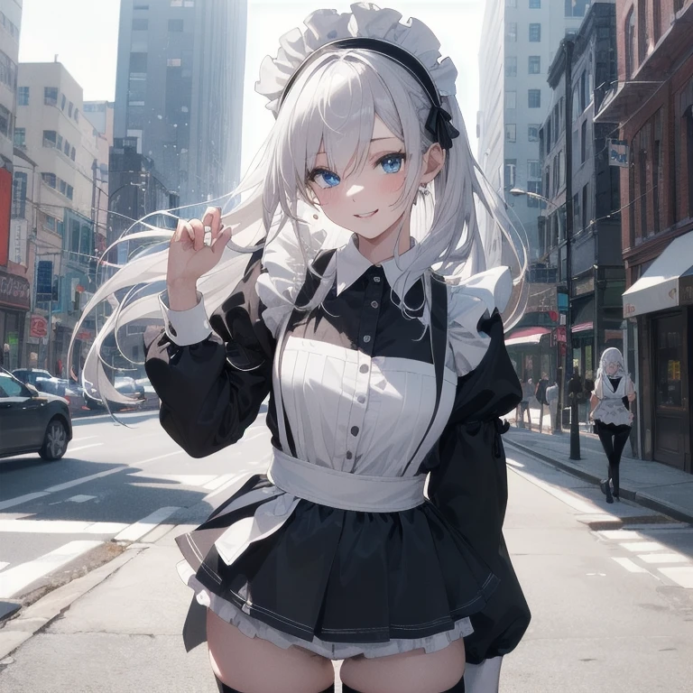 (Masterpiece, Best quality, ultra high resolution), 1 girl, Silver hair, Pale skin, Beautiful detailed face, Detailed eyes, posing on a, On a white background, Dynamic lighting, dynamic shadowing, looking at viewer, White stone punk fashion,(Posing for a photo),((White clothes)), (((black thigh highs))), ((jean shorts, skirt)), white sweater, ((Blue eyes)), happy, smiling, black straps, black strap design, ((Long white hair)), energetic, cheerful, cityscape background. (((Maid Outfit)))