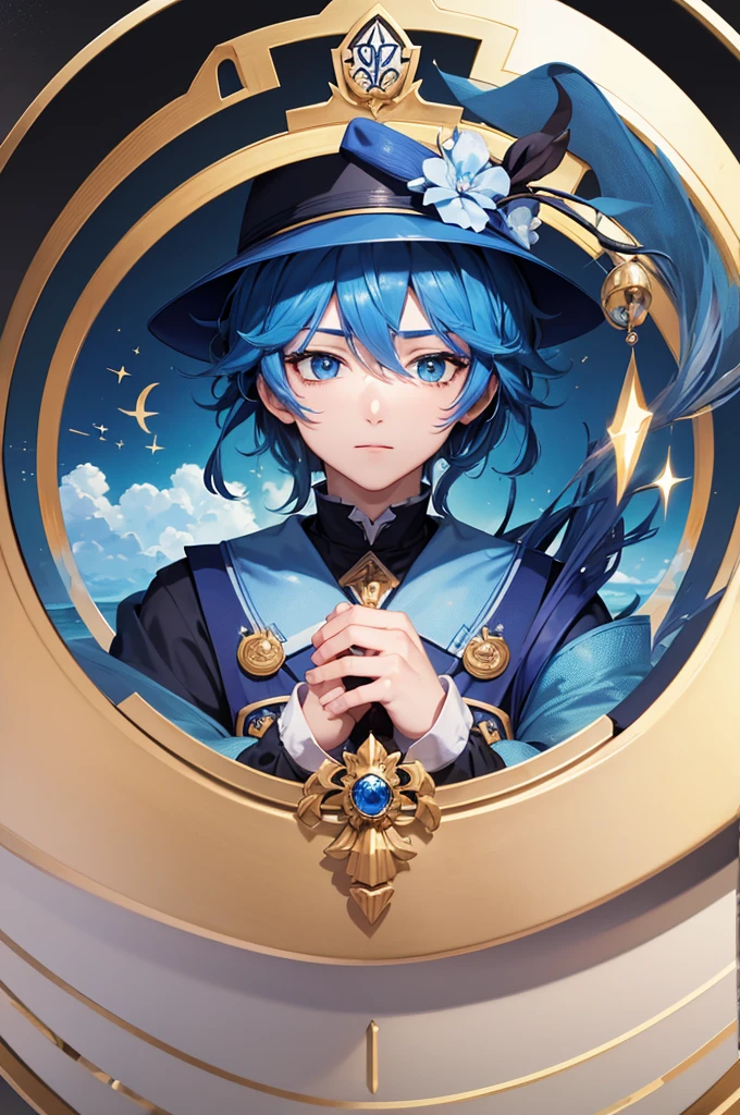 (masterpiece),(highest quality:1.0), (Ultra-high resolution:1.0), Detail view, 8k, anime, masterpiece, He has a wide blue hat on his head, Detailed hat, highest quality,(Unconventional persons:1.2), Letterbox, (Genshin Impact), One boy, Men&#39;s Center, alone, Best,(KBXLL-san:0.5), anime style, Vibrant