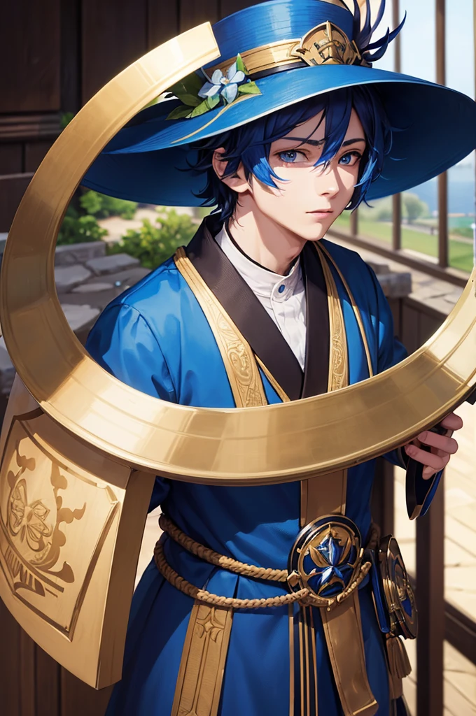 (masterpiece),(highest quality:1.0), (Ultra-high resolution:1.0), Detail view, 8k, anime, masterpiece, He has a wide blue hat on his head, Detailed hat, highest quality,(Unconventional persons:1.2), Letterbox, (Genshin Impact), One boy, Men's Center, alone, Best,(KBXLL-san:0.5), anime style, Vibrant