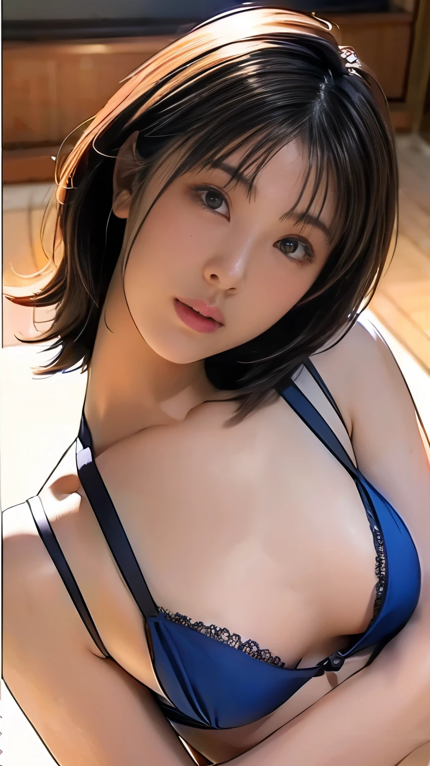 1 Female,from above,upper body,breast hold,face and body straight at the camera,Ultra-realistic as a photo,highest quality,8k, Ultra-high resolution,RAW Photos,well-proportioned body,Beauty,Small and beautiful breasts,POV,Sexy silk underwear,Sharpness,to close range,Short Bob Hair,hamabe minami,