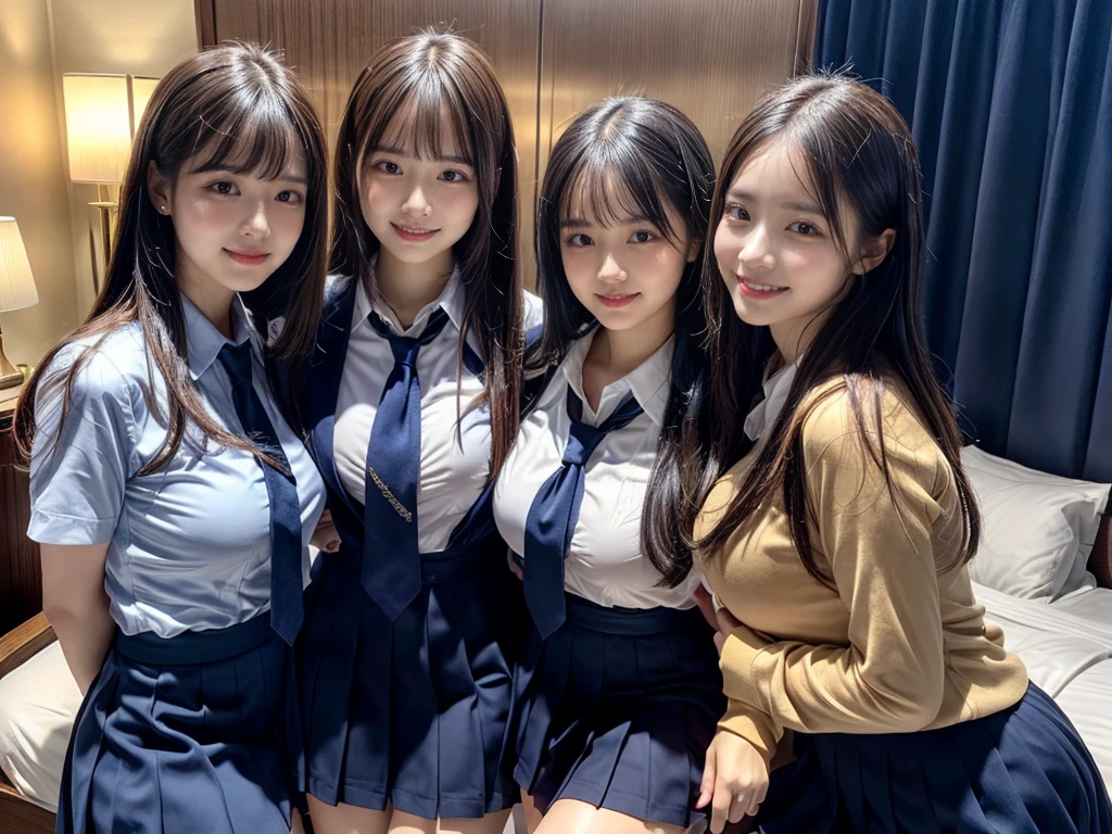 (8K, Raw photography, top-quality, ​masterpiece:1.2),  ((3 beatiful girls))、.（Realistic Skins 1.4）、（（（female high-school student、School Uniforms、）））、{{‎(The background is a luxury hotel room}}（（School Uniforms、white Cutter shirt、darkblue pleatedskirt))、（(long hair)）、（A dark-haired、The forehead is hidden by bangs、）、Black eyes、shinny skin.Beautiful delicate face、Beautiful delicate eyes、｛Voluptuous body shape、Thicker thighs｝、One piercing in each ear、((smile:1.3)),((large breasts)), ((navy blue tie)) ,looking at camera, ((close up))