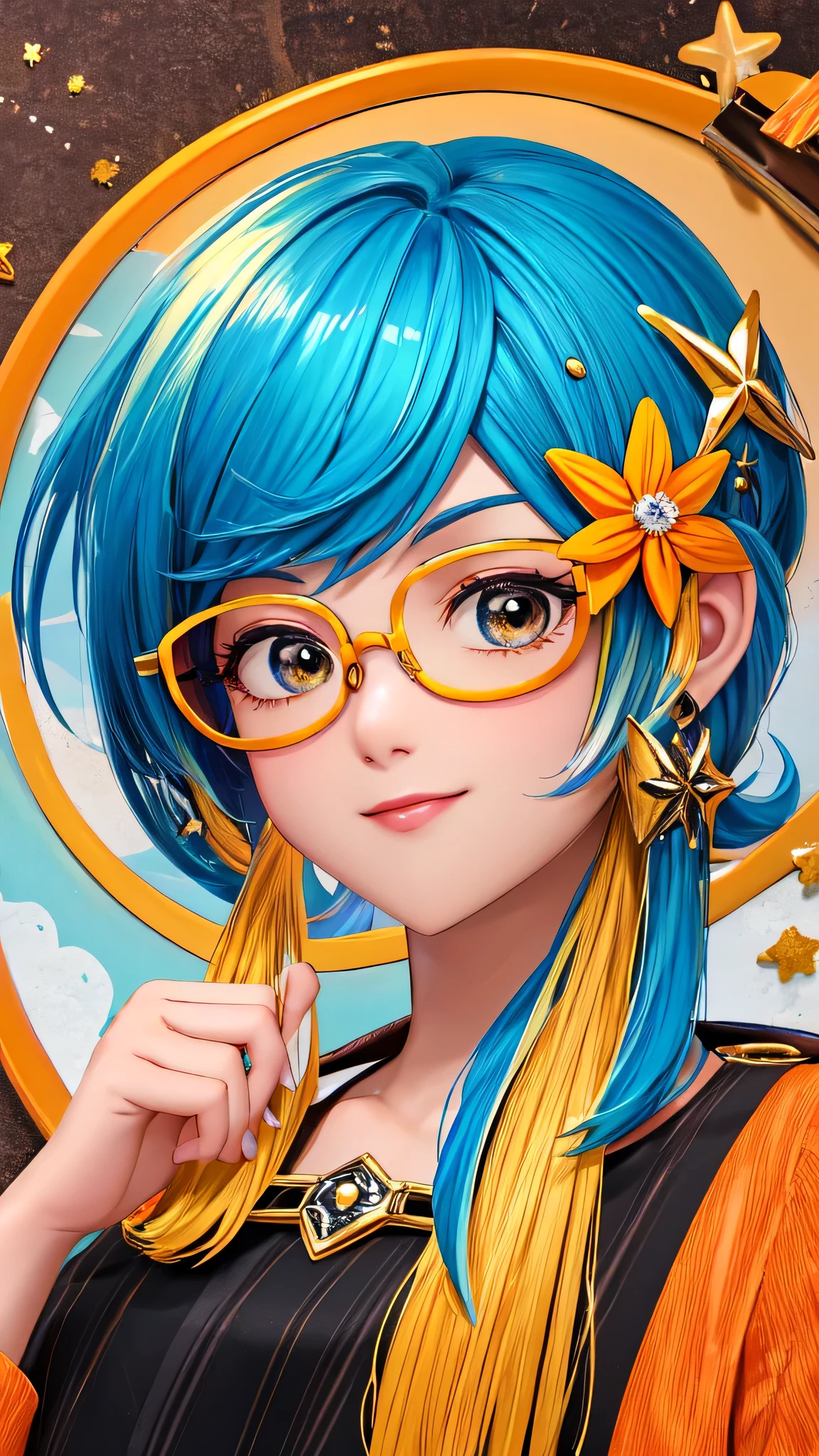 1 garota, Sozinho, estrela do Mar, seaconcha, concha, flor, tem, hair ornament, joia, straw tem, olhando para o espectador, oculos de sol, tem flor, canudo, presilha de cabelo, earanels, red flor, colored glasses, yellow flor, franja, Text in english, cabelo multicolorido, orange flor, cabelo preto, anel, cup, cabelo longo, orange-colored glasses, comida, cabelo castanho, retrato, concha hair ornament
