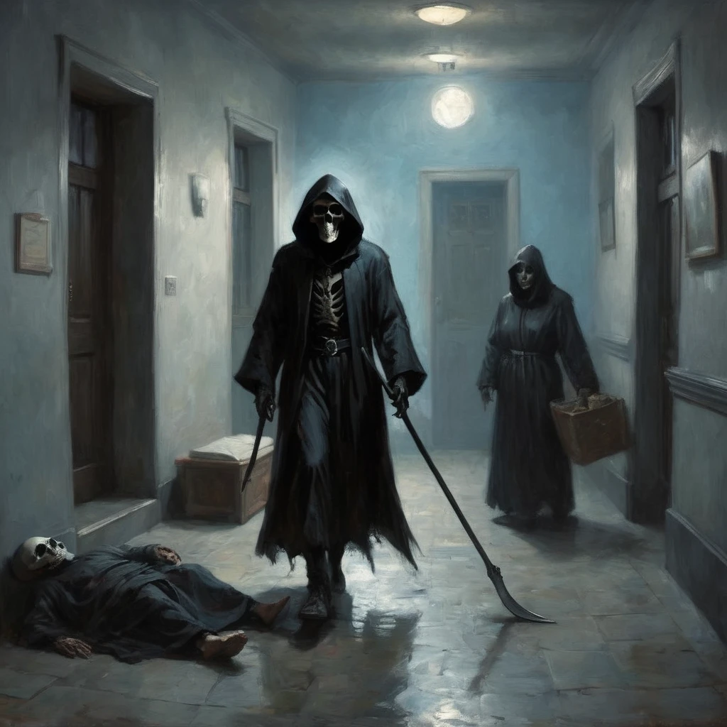 (best quality,4k,8k,highres,masterpiece:1.2),ultra-detailed,(realistic,photorealistic,photo-realistic:1.37),a black grim reaper,with detailed and flowing black robes,cloaked in shadows,walks unnoticed through a busy hospital. The grim reaper is extremely tall with a skeletal frame, holding a long and sleek scythe. The reaper's face is hidden beneath a black hood, but there is a sense of darkness and mystery emanating from its presence. The hospital is bustling with activity, nurses and doctors hurrying around attending to patients. The setting is dimly lit with flickering fluorescent lights, casting eerie shadows on the walls. The air feels heavy with a sense of anticipation and fear. The grim reaper moves silently through the hallways, invisible to the living, but there is an unspoken understanding that its purpose is to guide souls to the afterlife. The scene is tinged with blue hues, giving it a somber and chilling atmosphere. The only sound that can be heard is the faint whisper of the reaper's robes, and the occasional beep from medical devices. This artwork is a fusion of horror and realism, capturing the essence of life and death in a hauntingly beautiful way.