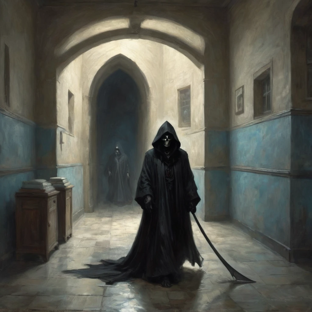 (best quality,4k,8k,highres,masterpiece:1.2),ultra-detailed,(realistic,photorealistic,photo-realistic:1.37),a black grim reaper,with detailed and flowing black robes,cloaked in shadows,walks unnoticed through a busy hospital. The grim reaper is extremely tall with a skeletal frame, holding a long and sleek scythe. The reaper's face is hidden beneath a black hood, but there is a sense of darkness and mystery emanating from its presence. The hospital is bustling with activity, nurses and doctors hurrying around attending to patients. The setting is dimly lit with flickering fluorescent lights, casting eerie shadows on the walls. The air feels heavy with a sense of anticipation and fear. The grim reaper moves silently through the hallways, invisible to the living, but there is an unspoken understanding that its purpose is to guide souls to the afterlife. The scene is tinged with blue hues, giving it a somber and chilling atmosphere. The only sound that can be heard is the faint whisper of the reaper's robes, and the occasional beep from medical devices. This artwork is a fusion of horror and realism, capturing the essence of life and death in a hauntingly beautiful way.