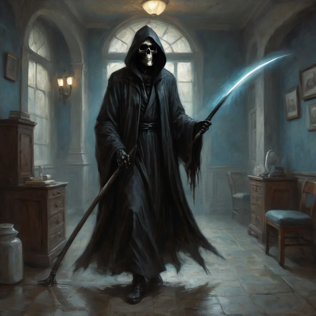 (best quality,4k,8k,highres,masterpiece:1.2),ultra-detailed,(realistic,photorealistic,photo-realistic:1.37),a black grim reaper,with detailed and flowing black robes,cloaked in shadows,walks unnoticed through a busy hospital. The grim reaper is extremely tall with a skeletal frame, holding a long and sleek scythe. The reaper's face is hidden beneath a black hood, but there is a sense of darkness and mystery emanating from its presence. The hospital is bustling with activity, nurses and doctors hurrying around attending to patients. The setting is dimly lit with flickering fluorescent lights, casting eerie shadows on the walls. The air feels heavy with a sense of anticipation and fear. The grim reaper moves silently through the hallways, invisible to the living, but there is an unspoken understanding that its purpose is to guide souls to the afterlife. The scene is tinged with blue hues, giving it a somber and chilling atmosphere. The only sound that can be heard is the faint whisper of the reaper's robes, and the occasional beep from medical devices. This artwork is a fusion of horror and realism, capturing the essence of life and death in a hauntingly beautiful way.