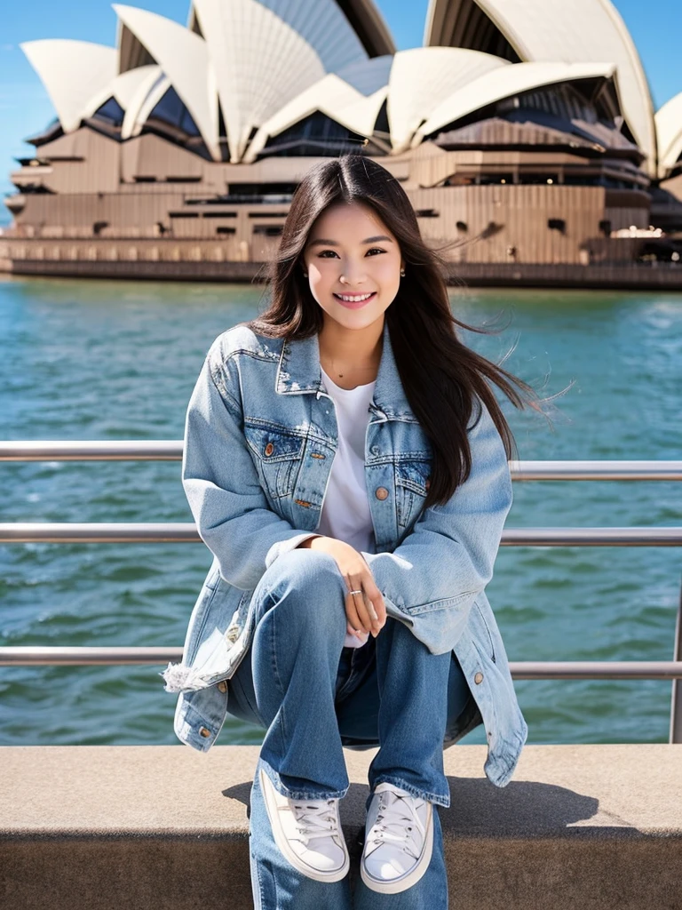 beautiful Indonesian women. graceful appearance, full of charm, fashionable, long flowing black and brown hair. wearing a white levis jacket, wearing black jeans, wearing white shoes, background SYDNEY OPERA HOUSE ((Australia)) random poses, gentle smiles, HD quality. Original photo. 18k