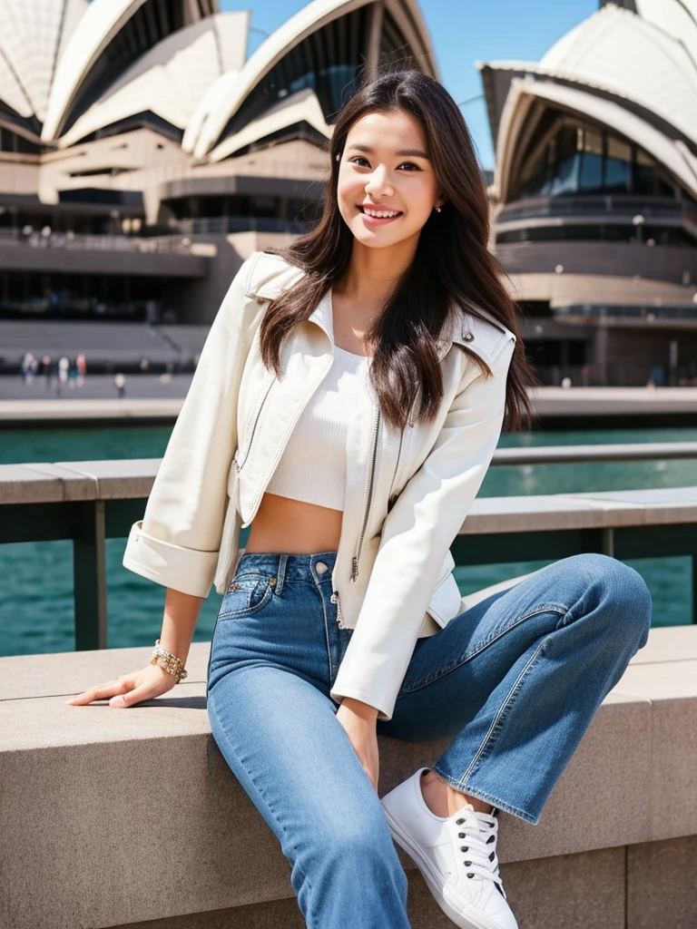 beautiful Indonesian women. graceful appearance, full of charm, fashionable, long flowing black and brown hair. wearing a white levis jacket, wearing black jeans, wearing white shoes, background SYDNEY OPERA HOUSE ((Australia)) random poses, gentle smiles, HD quality. Original photo. 18k