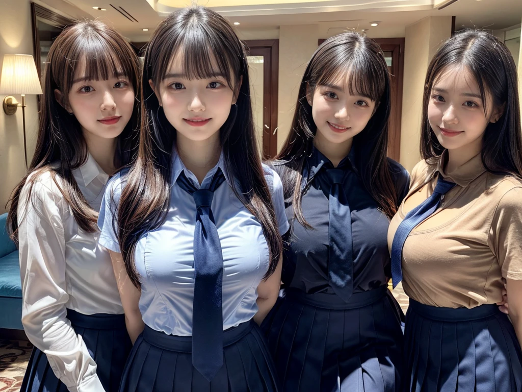 (8K, Raw photography, top-quality, masterpiece:1.2), ((3 beatiful girls))、.(Realistic Skins 1.4)、(((female high-school student、School Uniforms、)))、{{(The background is a luxury hotel room}}((School Uniforms、white Cutter shirt、darkblue pleatedskirt))、((long hair))、(A dark-haired、The forehead is hidden by bangs、)、Black eyes、shinny skin.Beautiful delicate face、Beautiful delicate eyes、{Voluptuous body shape、Thicker thighs}、One piercing in each ear、((smile:1.3)),((large breasts)), ((navy blue tie)) ,looking at camera, ((close up))