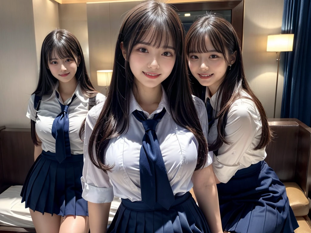(8K, Raw photography, top-quality, masterpiece:1.2), ((3 beatiful girls))、.(Realistic Skins 1.4)、(((female high-school student、School Uniforms、)))、{{(The background is a luxury hotel room}}((School Uniforms、white Cutter shirt、darkblue pleatedskirt))、((long hair))、(A dark-haired、The forehead is hidden by bangs、)、Black eyes、shinny skin.Beautiful delicate face、Beautiful delicate eyes、{Voluptuous body shape、Thicker thighs}、One piercing in each ear、((smile:1.3)),((large breasts)), ((navy blue tie)) ,looking at camera, ((close up))