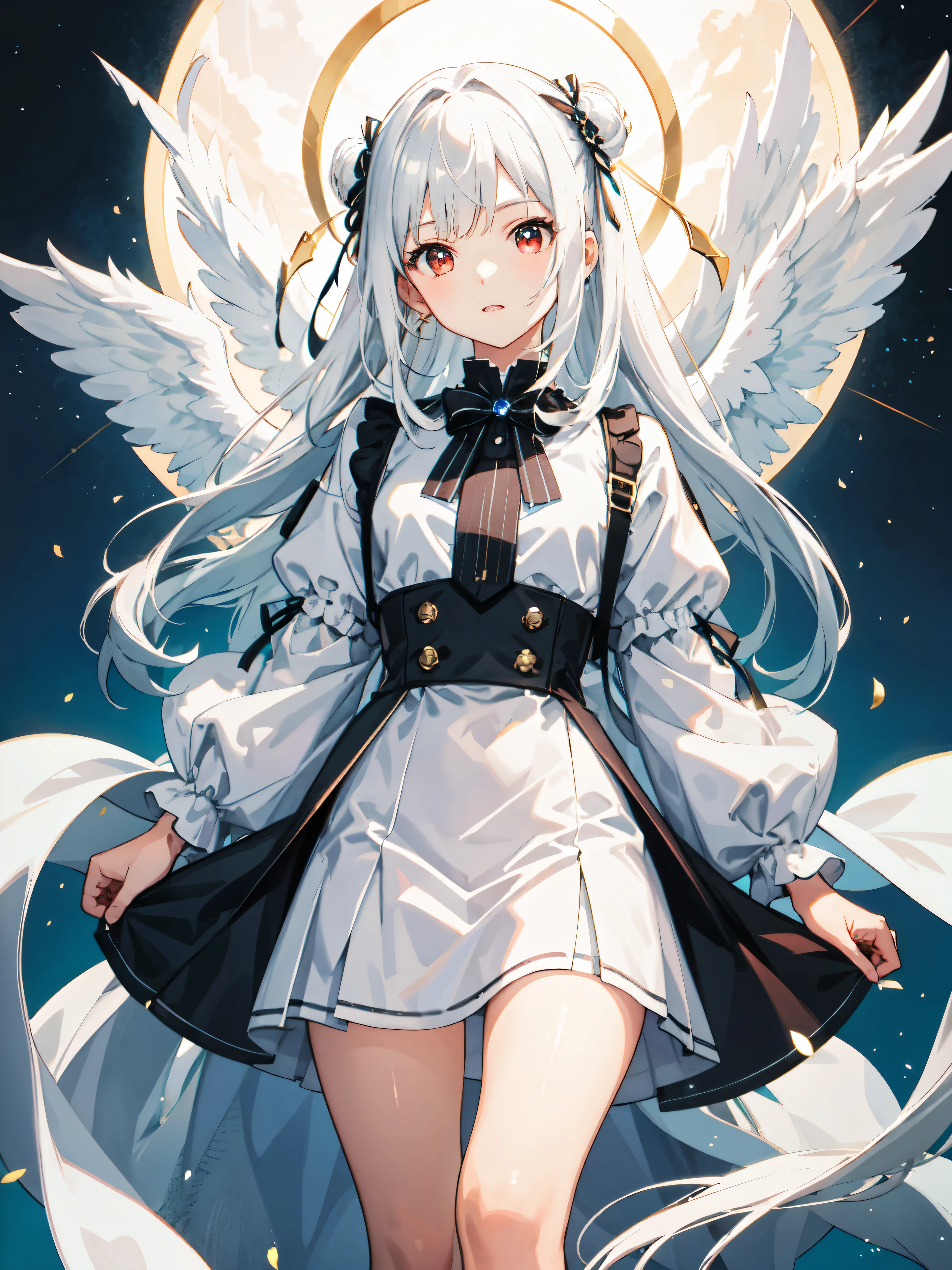 masterpiece、top-quality、1girl in、Long white hair、red eyes、Circle of Angels、bow ribbon、shortsleeves、cowboy shot、