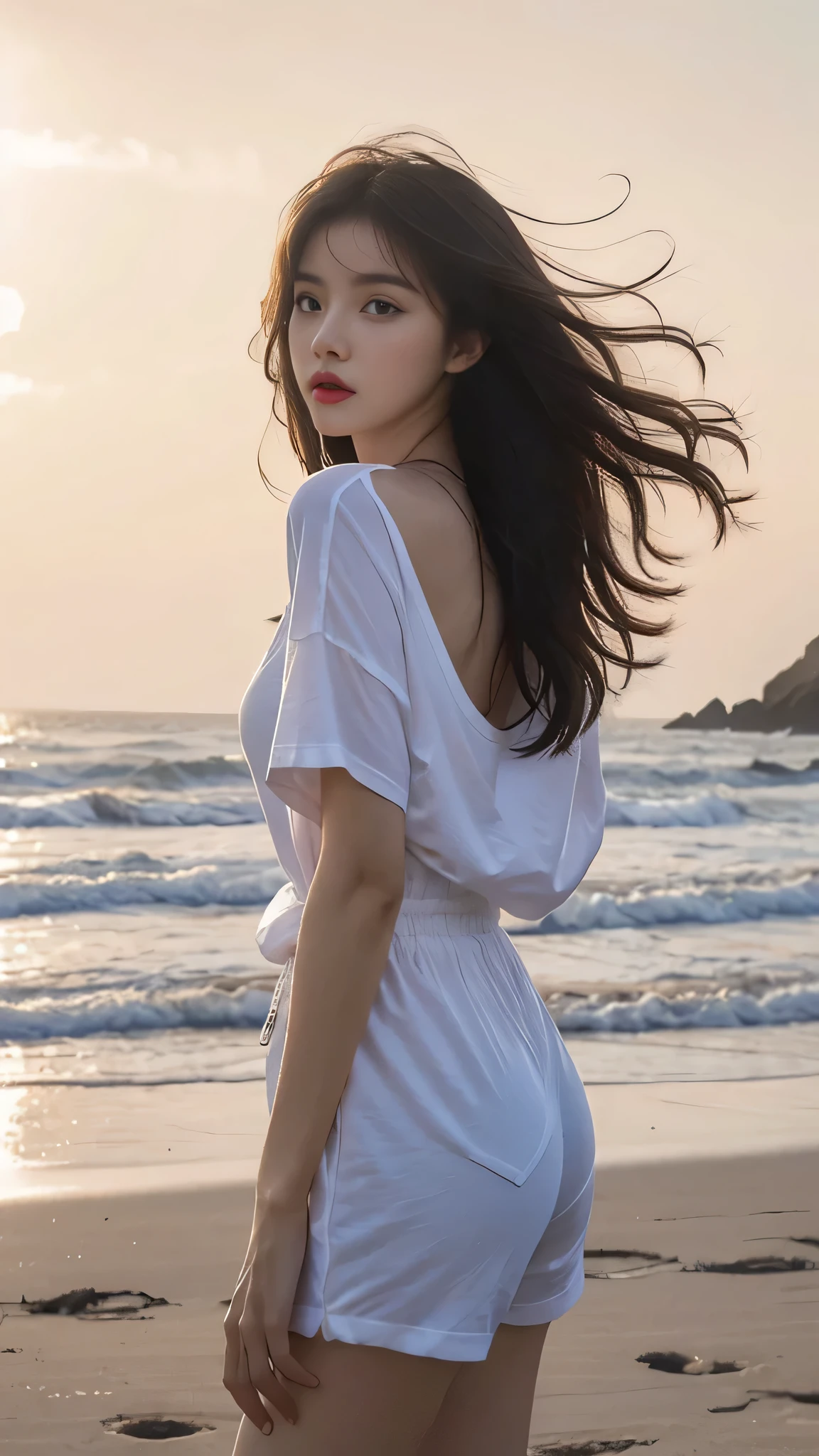 best quality, masterpiece, ultra high resolution, (actual:1.4), original photo, ultra high definition，8k，A perfect young female，High picture quality，Black hair，Long hair flowing over the shoulders，Beach wave hairstyle，oversize t-shirt and hight waist short , Hydrated red lips，Real Human，CG rendering