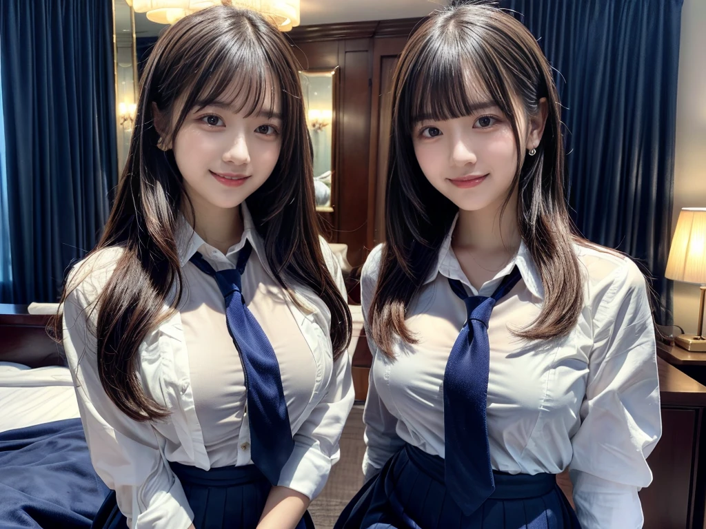 (8K, Raw photography, top-quality, masterpiece:1.2), ((3 beatiful girls))、.(Realistic Skins 1.4)、(((female high-school student、School Uniforms、)))、{{(The background is a luxury hotel room}}((School Uniforms、white Cutter shirt、darkblue pleatedskirt))、((long hair))、(A dark-haired、The forehead is hidden by bangs、)、Black eyes、shinny skin.Beautiful delicate face、Beautiful delicate eyes、{Voluptuous body shape、Thicker thighs}、One piercing in each ear、((smile:1.3)),((large breasts)), ((navy blue tie)) ,looking at camera, ((close up))