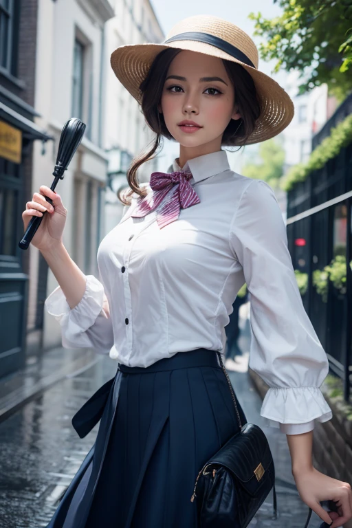 Beautiful white woman with umbrella in the style of Mary Poppins,dynamic pose , background appropriate impasto technique, painting, volumetric, photorealistic, photorealism, professional photo