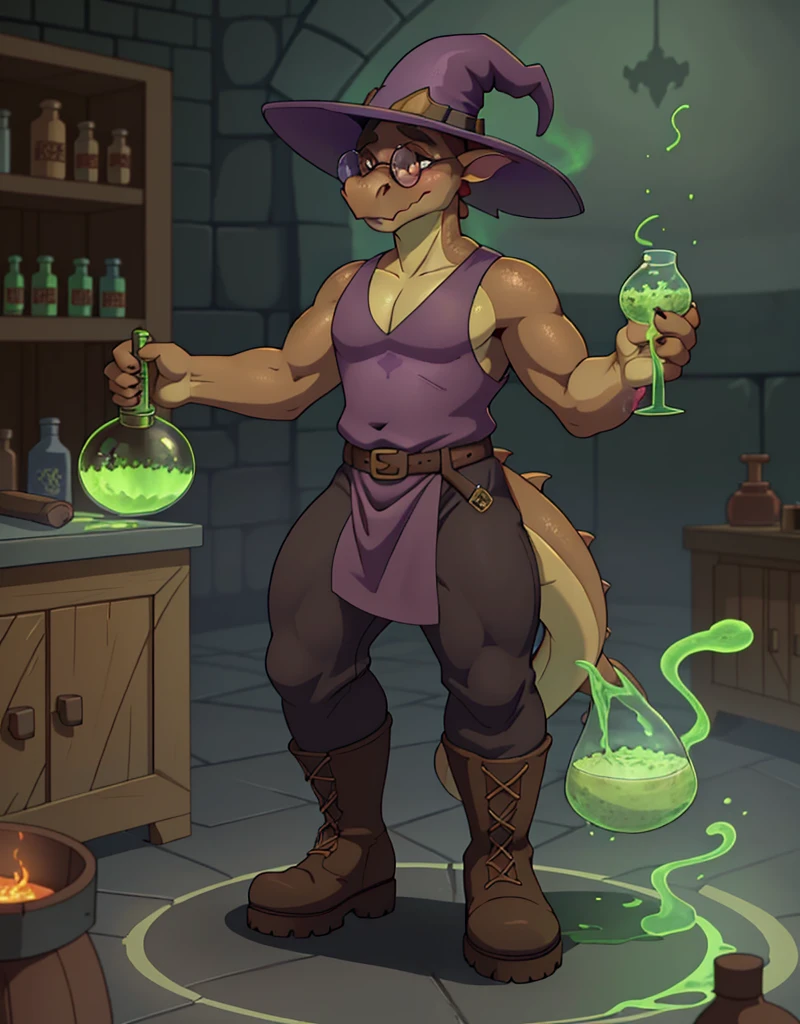 A male thick brown anthropomorphic skiny furry dragon, wearing a sleeveless tunic, thigh pants, boots, round glasses, wizard hat, round snout, in a alchemy lab, solo, makeing potions, 