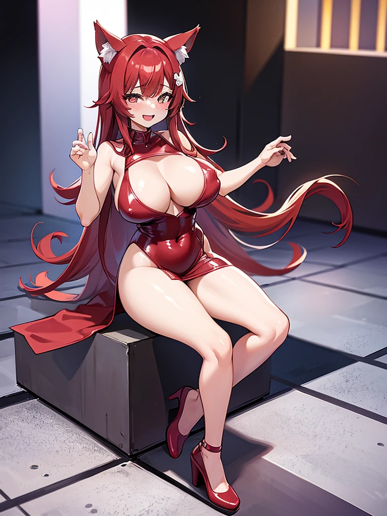 Happy woman, with wolf ears and red hair, holding her cheeks, wolf tail, wearing a latex dress, looking at veiwer, full body, you can see her chest, naked breasts