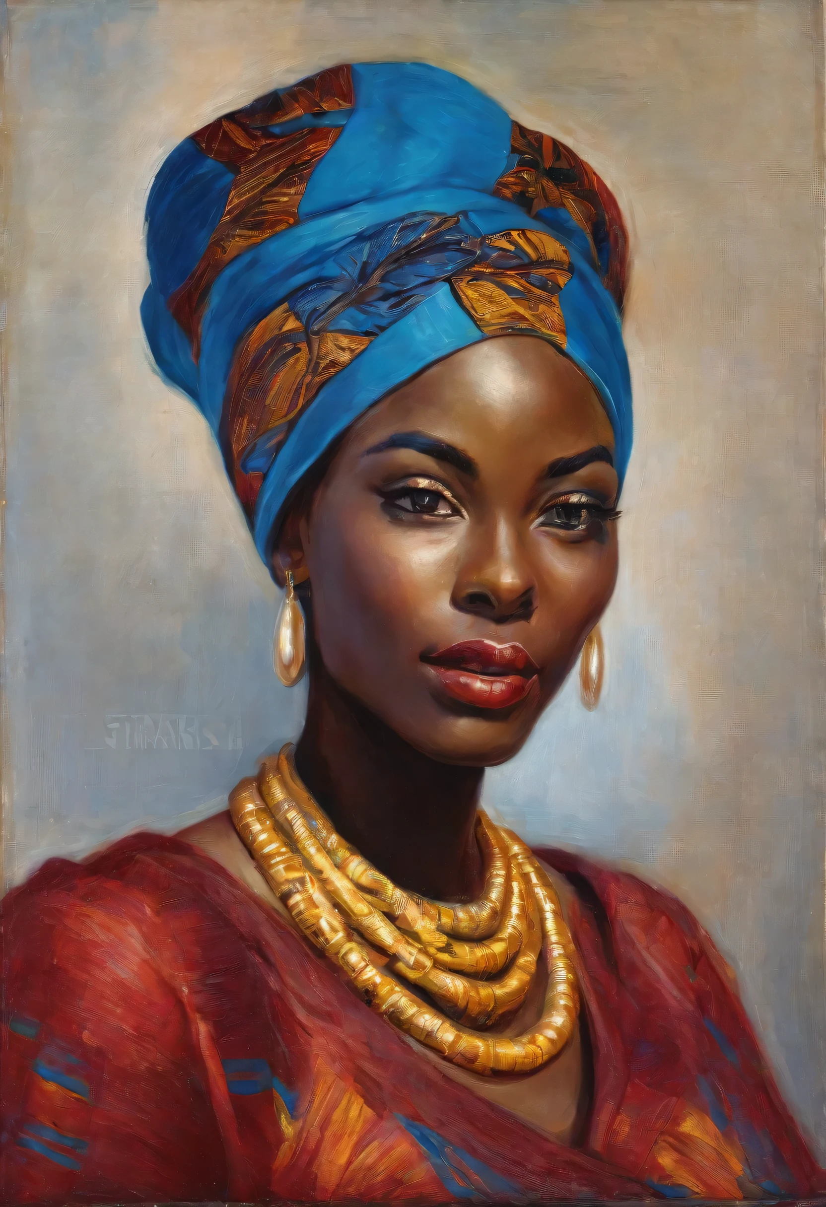 oil painting of a beautiful black woman, wearing african turban, rich red-blue-gold african clothes, with details, high definition, renoir, estilo impressionista, 