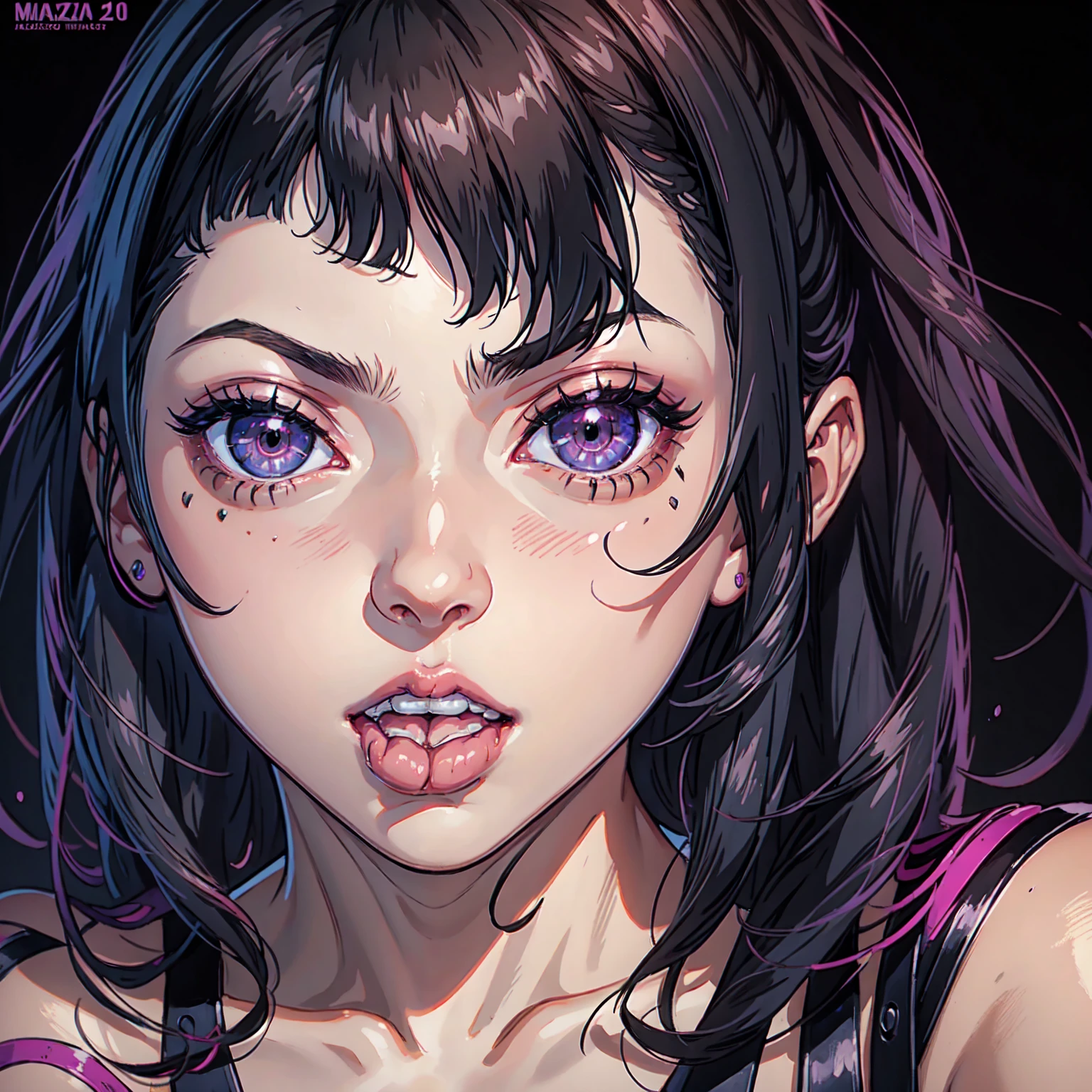 Cyberpunk girl, cyberpunk haircut, cyberpunk body, cyberpunc bodysuit, short jacket, blue eyes, purple eyeliner, tongue out mouth, Saliva , winks, portrait, sweaty, long tongue