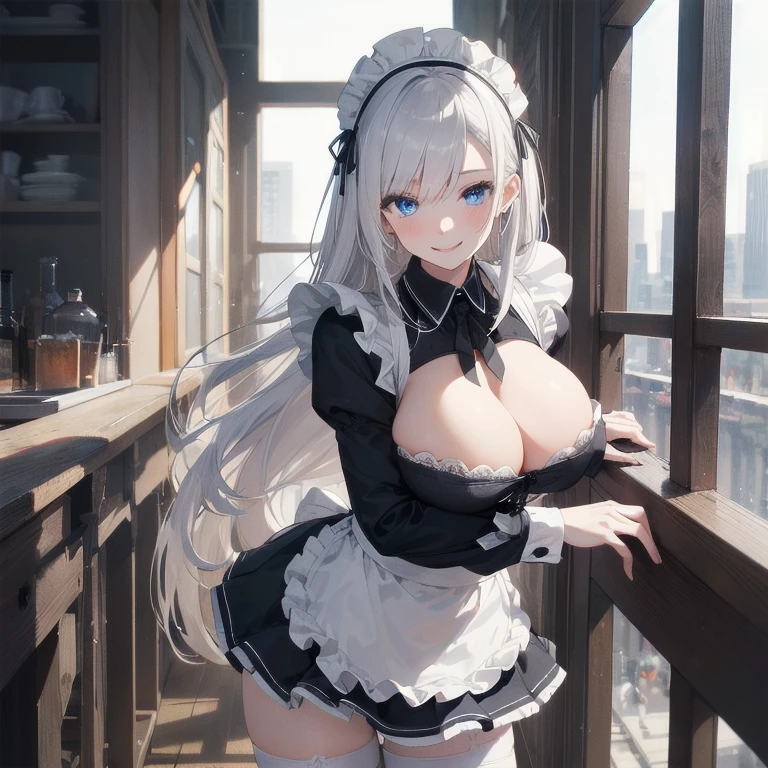 (Masterpiece, Best quality, ultra high resolution), 1 girl, Silver hair, Pale skin, Beautiful detailed face, Detailed eyes, posing on a, On a white background, Dynamic lighting, dynamic shadowing, looking at viewer, White stone punk fashion,(Posing for a photo),((White clothes)), (((black thigh highs))), ((jean shorts, skirt)), white sweater, ((Blue eyes)), happy, smiling, black straps, black strap design, ((Long white hair)), energetic, cheerful, cityscape background, (((Maid Outfit))), ((big boobs)), ((bigger bust))