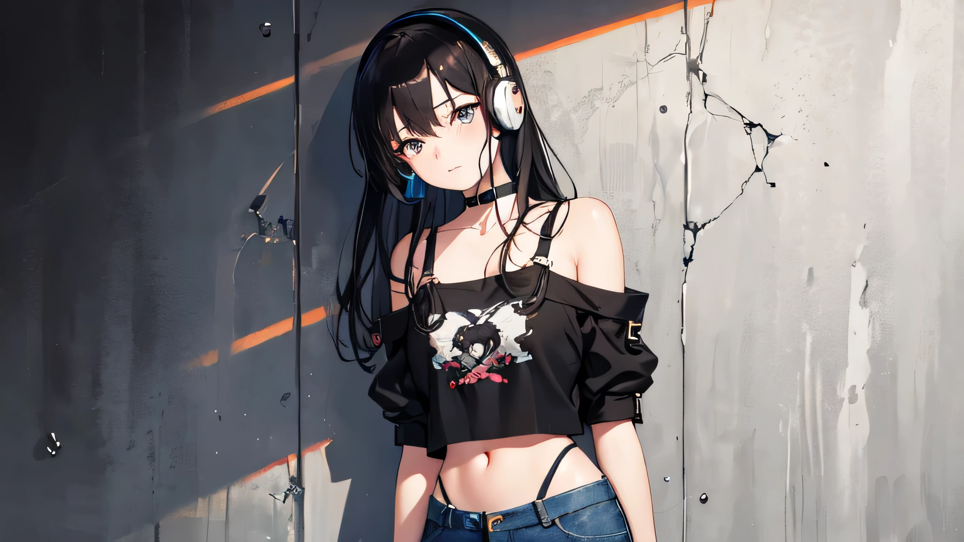 masterpiece, highest quality, One girl, alone, Crop top, Denim shorts, choker,Put your arms behind your back, Against the wall, Look away, Thigh straps, Tilt your head, boredom, Black Hair, headset,