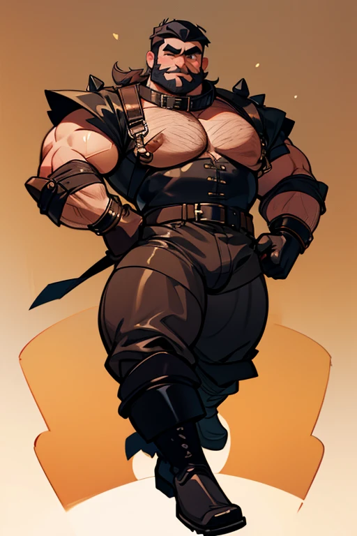 Man Bear_sugardaddy_with big beard_thick eyebrows_sensual smile_big pecs_beefy guy. Wearing harnesses with golden spikes_leather collar_big bulge_black boots_leather gloves.