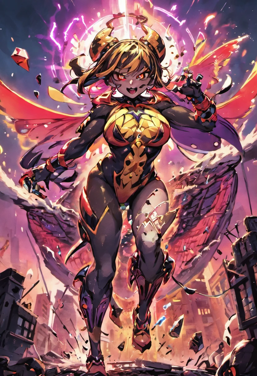 HD claro, mejores imagenes, Quality of illustration, Super detailed, Monstruo mariposa, Forma delgada, Monstruo parecido a una avispa, escamas amarillas y negras que cubren todo el cuerpo, grandes hojas que recorren el cuerpo, cola con enredadera al final, garras y colmillos afilados, alas de arcoiris, forma del cuerpo perfecta, destruyendo una ciudad, con una ciudad en ruinas al fondo ((arte conceptual))