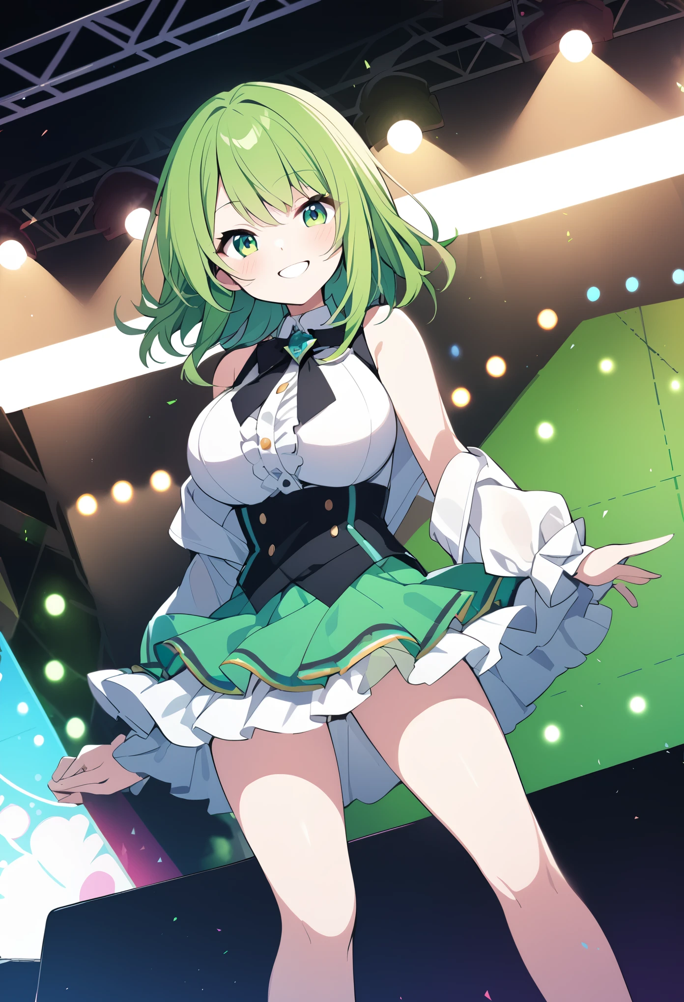 gumi, green eyes, green hair, medium hair, sidelocks,, live stage, large breasts, 1girl, smile,