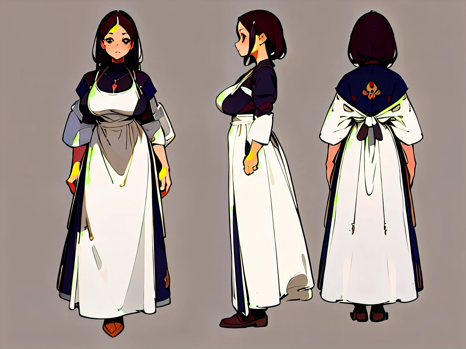 ((masterpiece)),(((best quality))),(character design sheet, same character, front, side, back), illustration, 1 girl, a beautiful woman with perfect figure: 1.2, dark brown hair, wearing a pendant, wearing an apron, highly detailed face and skin, detailed eyes, double eyelids, big breasts