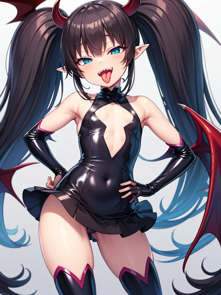 tachi-e, game cg, Highly detailed and realistic CG, Colorful, Masterpiece, Best Quality, jewel-like eyes, 1girl, solo, black hair, shiny hair, long straight hair, very long twintails, slender, skinny legs, succubus girl,succubus luxury dress, mini skirt, succubus boots, aqua blue eyes, flat chest, black elbow gloves, latex, smirk, smile, jitome, half-closed eyes, tsurime, simple background, from pov, best quality eyes, sharp teeth, tsundere, standing, contrapposto, hand on hip, (shiny skin:1.0), succubus wings, succubus tail, mesugaki, teasing, smug, cute girl, , open mouth, fangs, tongue out, pointy ears, pink heart tattoo, (Sharp Focus:1.2), Thin arms, Thin legs, outline, Evil Female Executive Succubus,