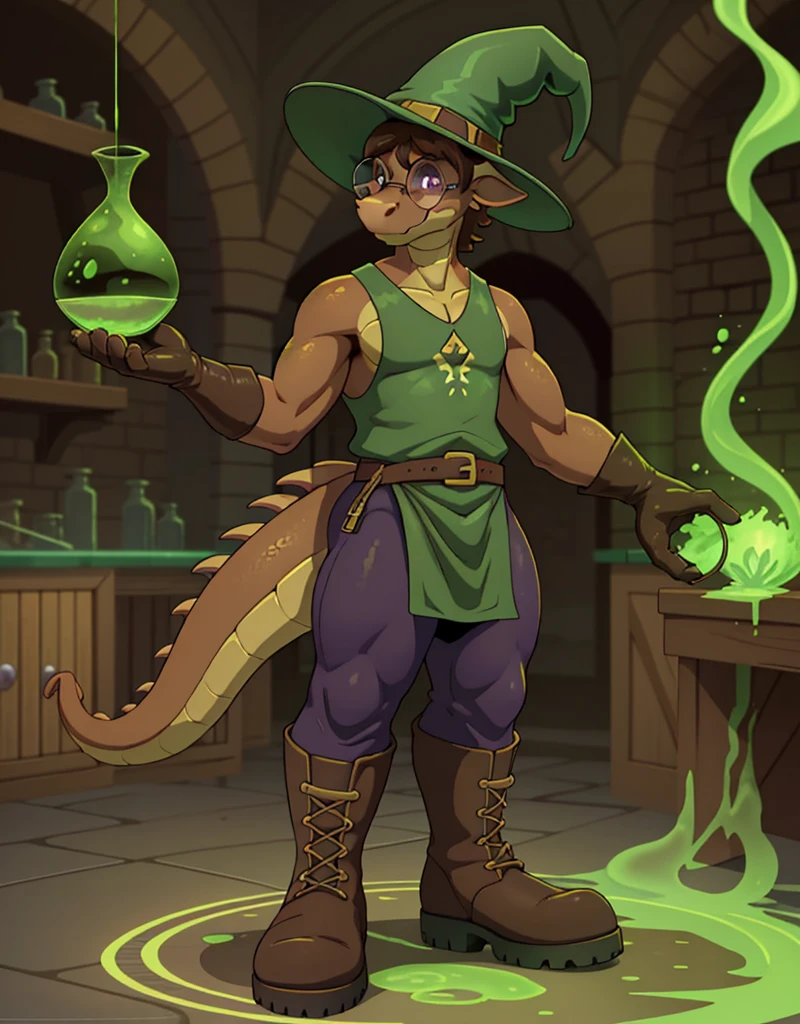 A male thick brown anthropomorphic skiny furry dragon, wearing a sleeveless tunic, thigh pants, boots, round glasses, gloves, wizard hat, round snout, in a alchemy lab, solo, makeing potions, 