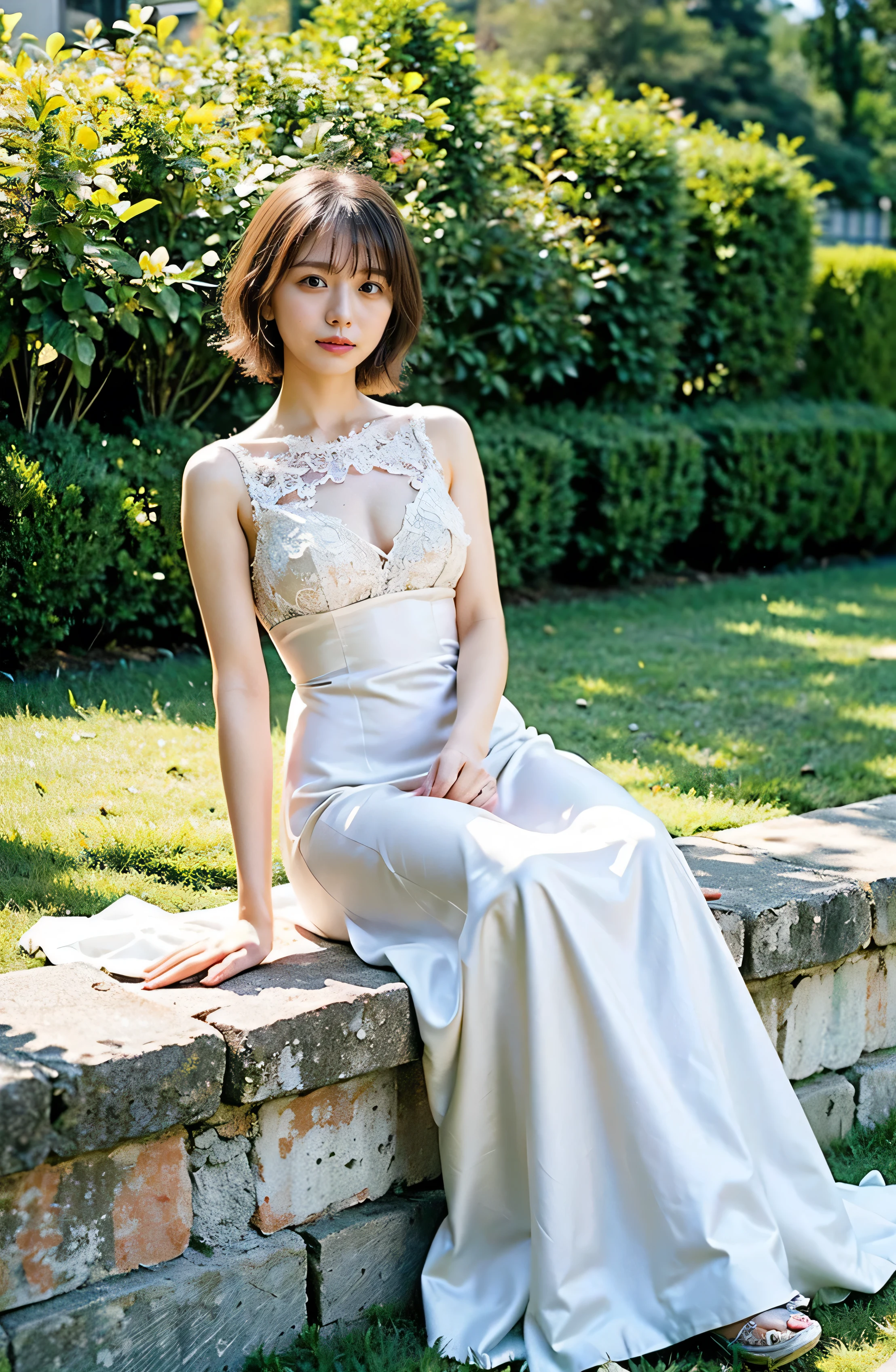 A luxurious white silk dress with lace、Stunning gardens、Colorful flowers々is blooming、White silk and shiny dress、A luxurious and elegant white wedding dress、Braided hair only for the bangs((wedding ceremony:1.4))、Full body photo、smile、 Caustics、Highly detailed photos、Very beautiful eyeedium Short Hair、Large Breasts、Super no makeup、(8k、RAW Photos、highest quality、masterpiece:1.2)、(Realistic、Realistic)、1 girl、((Medium Short Hair、Looking into the camera:1.4))、