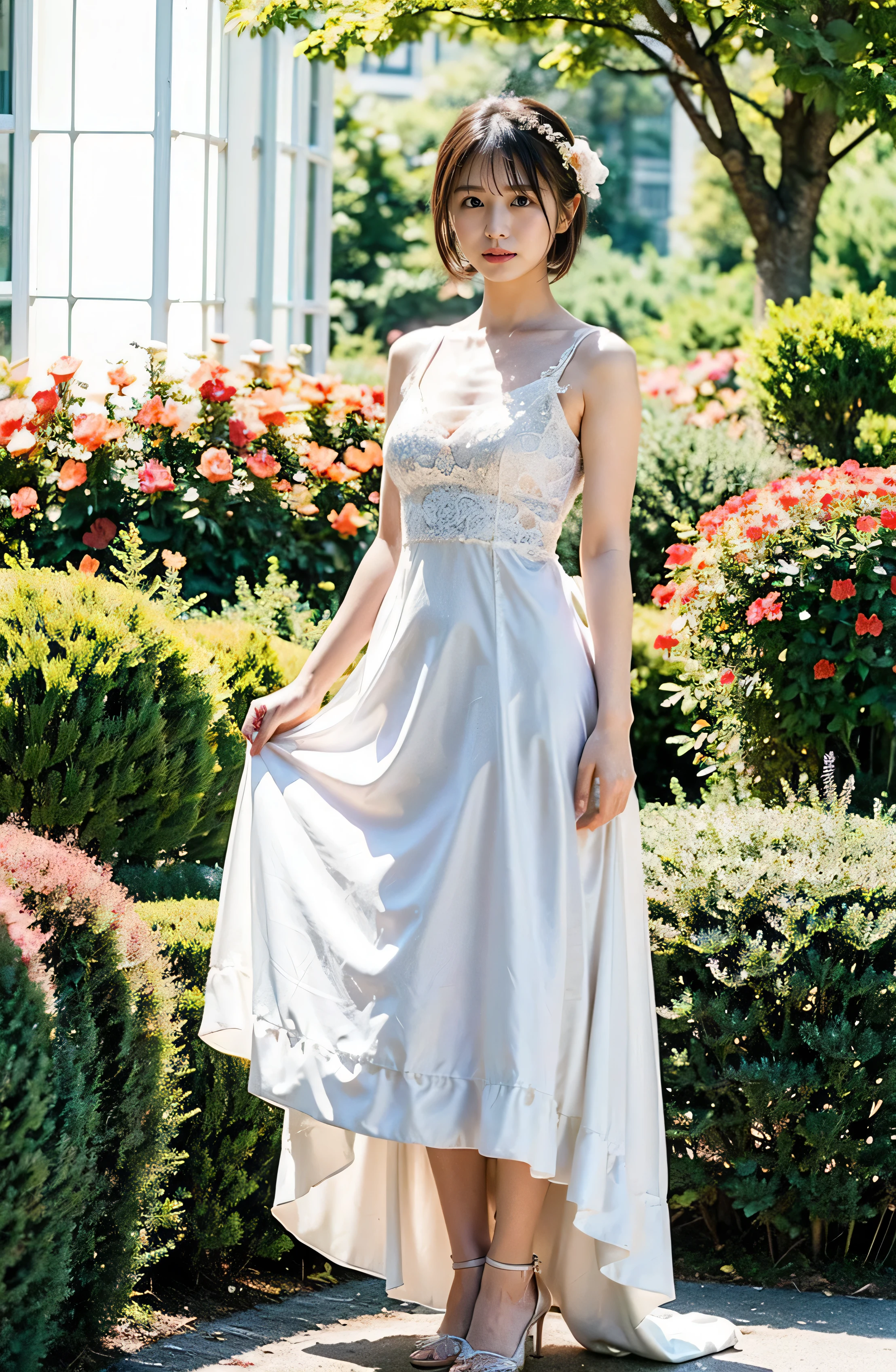 A luxurious white silk dress with lace、Stunning gardens、Colorful flowers々is blooming、White silk and shiny dress、A luxurious and elegant white wedding dress、Braided hair only for the bangs（（wedding ceremony:1.4））、Full body photo、smile、 Caustics、Highly detailed photos、Very beautiful eyeedium Short Hair、Large Breasts、Super no makeup、(8k、RAW Photos、highest quality、masterpiece:1.2)、(Realistic、Realistic)、1 girl、((Medium Short Hair、Looking into the camera:1.4))、
